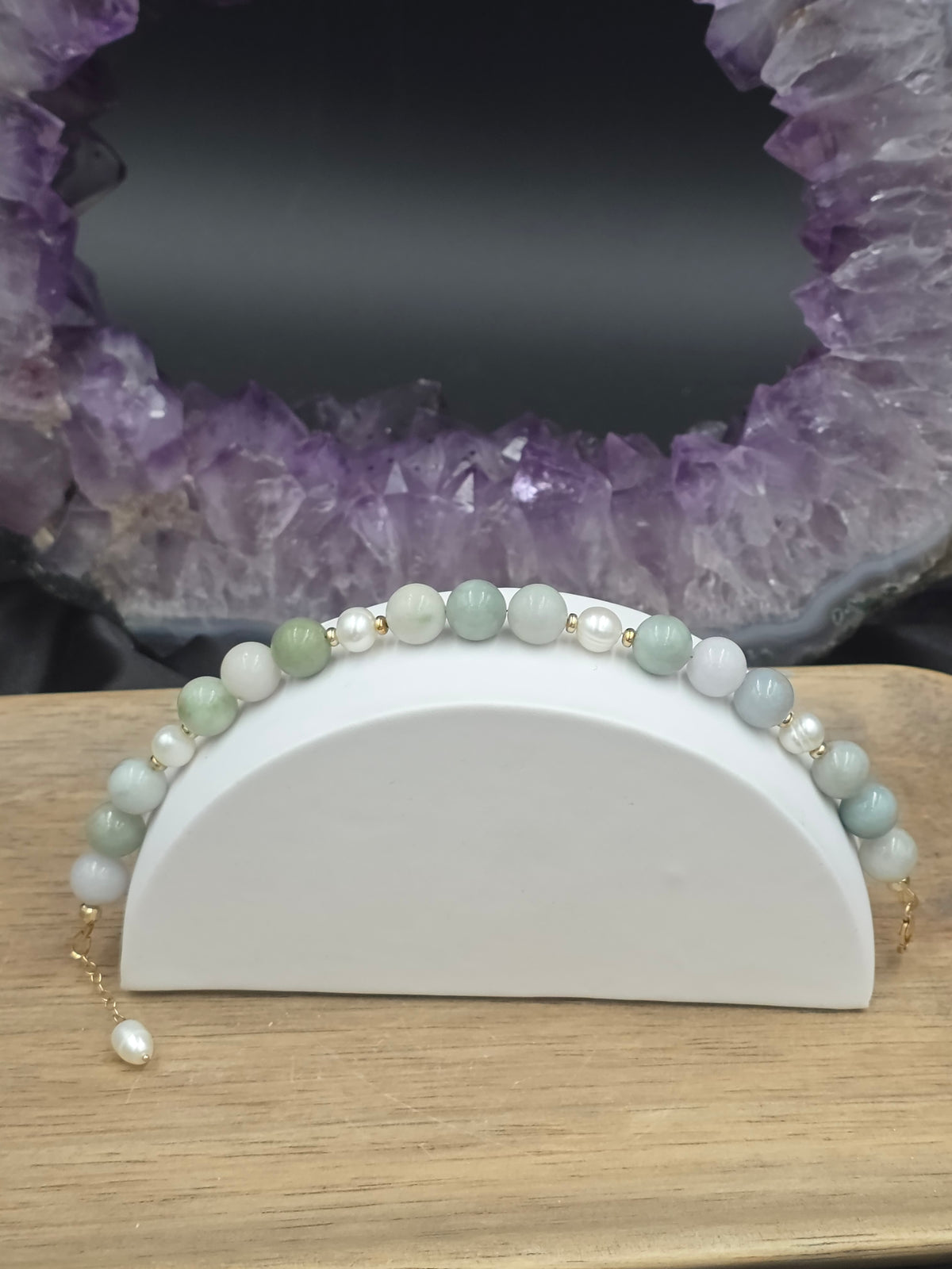 14k Gold-Filled Burma Jade and Freshwater Pearl Gemstone Bracelet