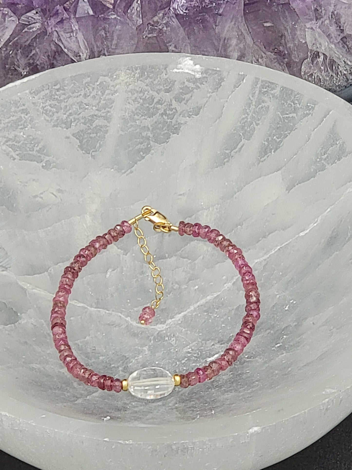 Dainty 14k Gold-Filled Pink Tourmaline and Crystal Quartz Adjustable Gemstone Bracelet