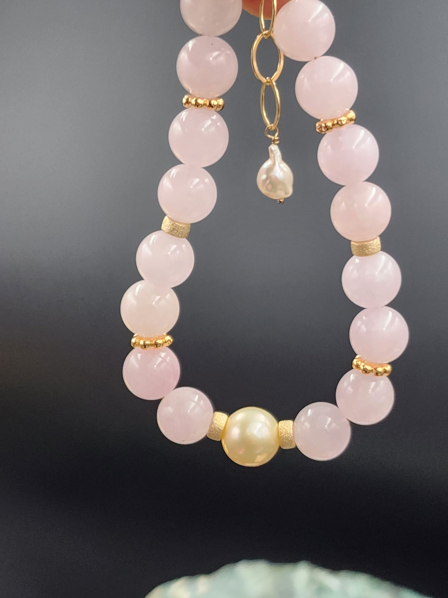 14k Gold-Filled Rose Quartz, Morganite, Kunzite & Rhodochrosite Gemstone3 Bracelet with CZ Lock Charm