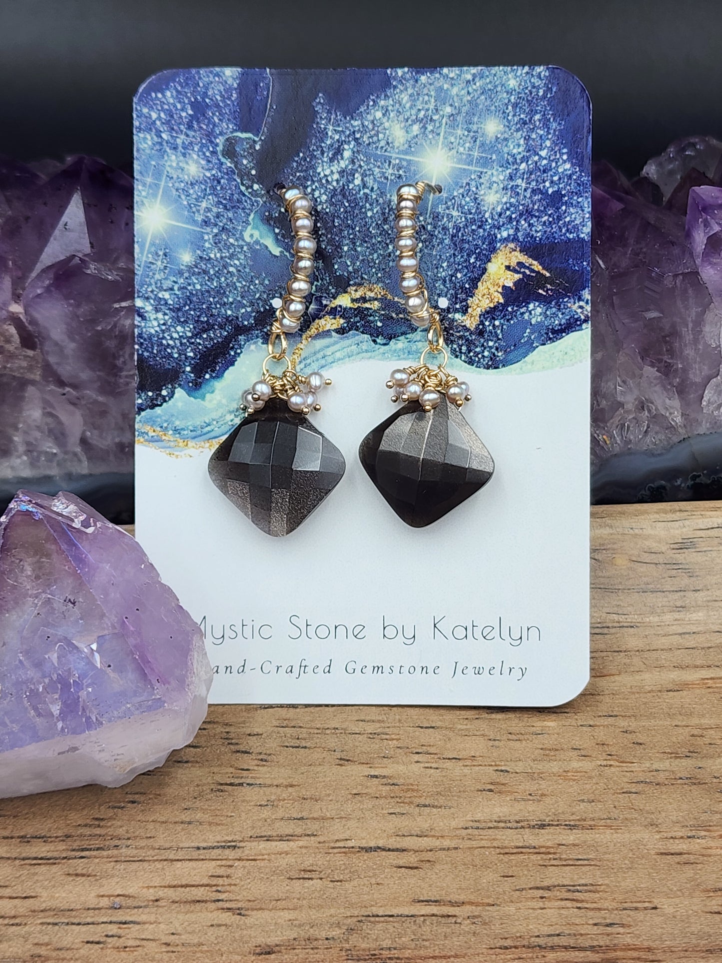 14k Gold-Fillef Black Moonstone & Grey Pearl Earrings