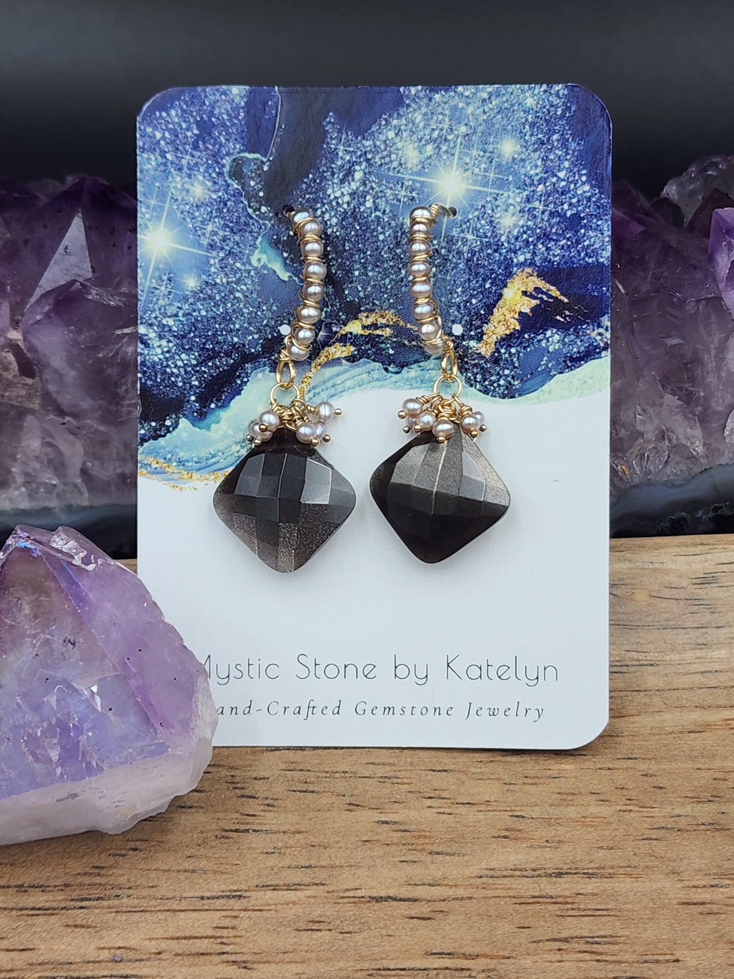 14k Gold-Fillef Black Moonstone & Grey Pearl Earrings