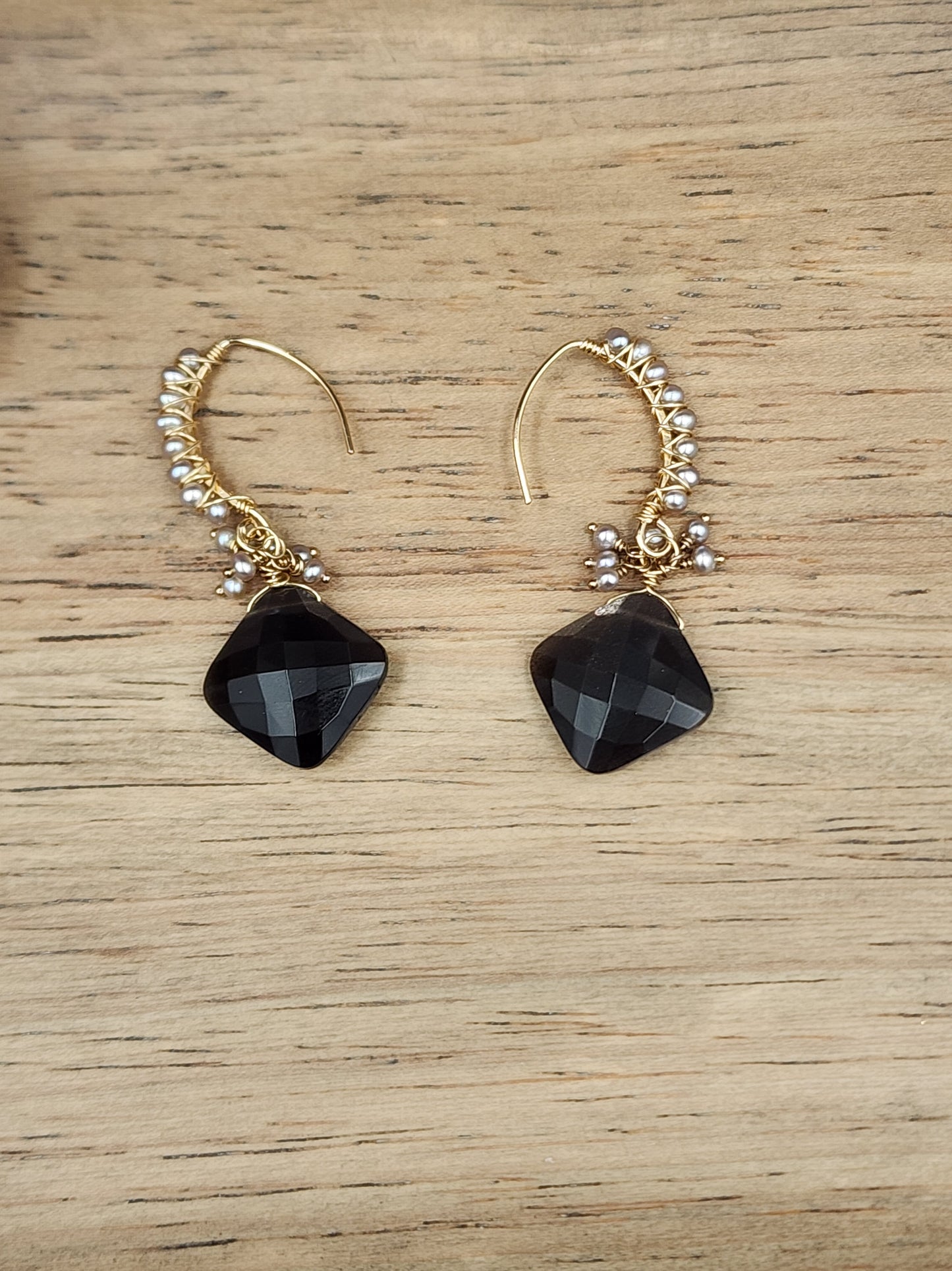 14k Gold-Fillef Black Moonstone & Grey Pearl Earrings