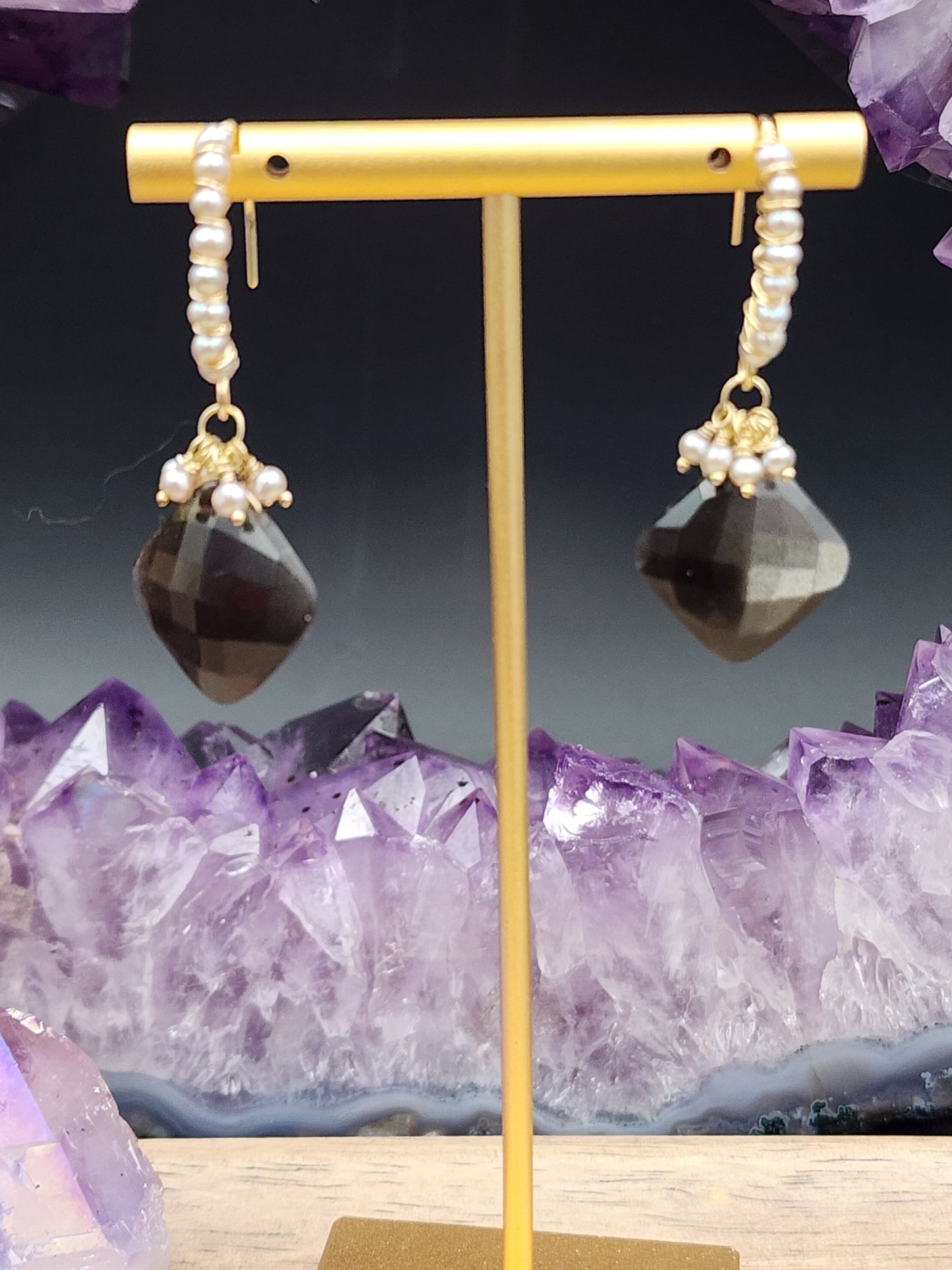 14k Gold-Fillef Black Moonstone & Grey Pearl Earrings