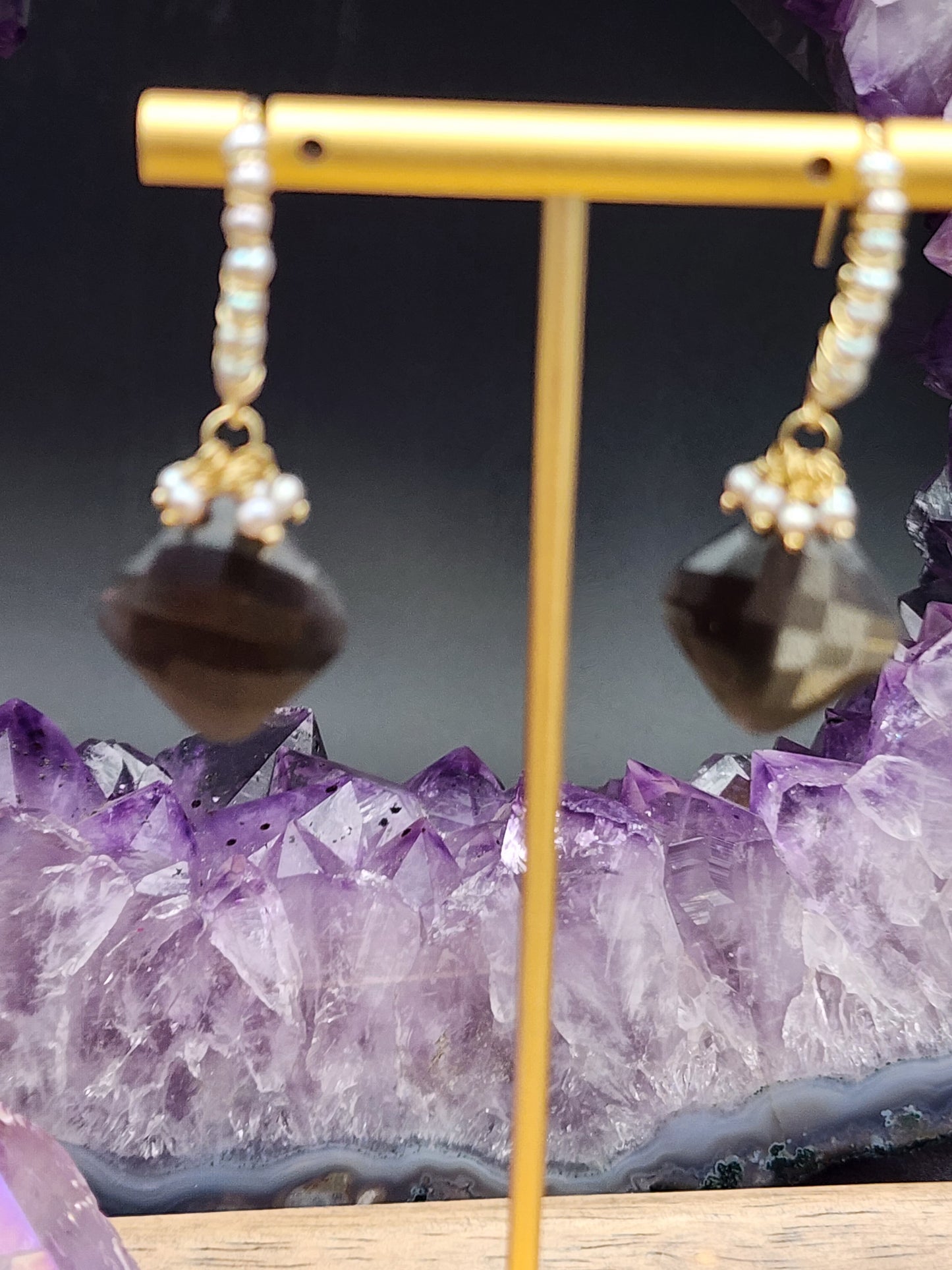 14k Gold-Fillef Black Moonstone & Grey Pearl Earrings