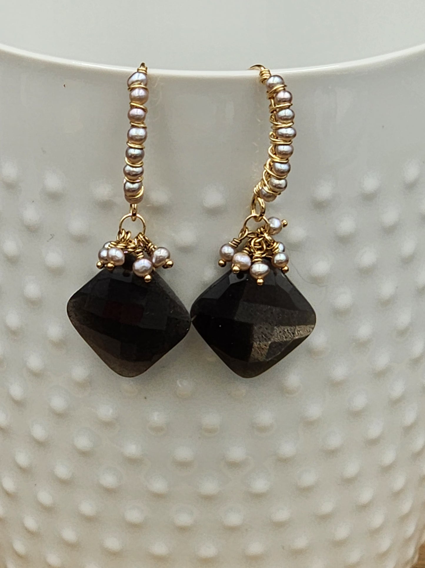 14k Gold-Fillef Black Moonstone & Grey Pearl Earrings