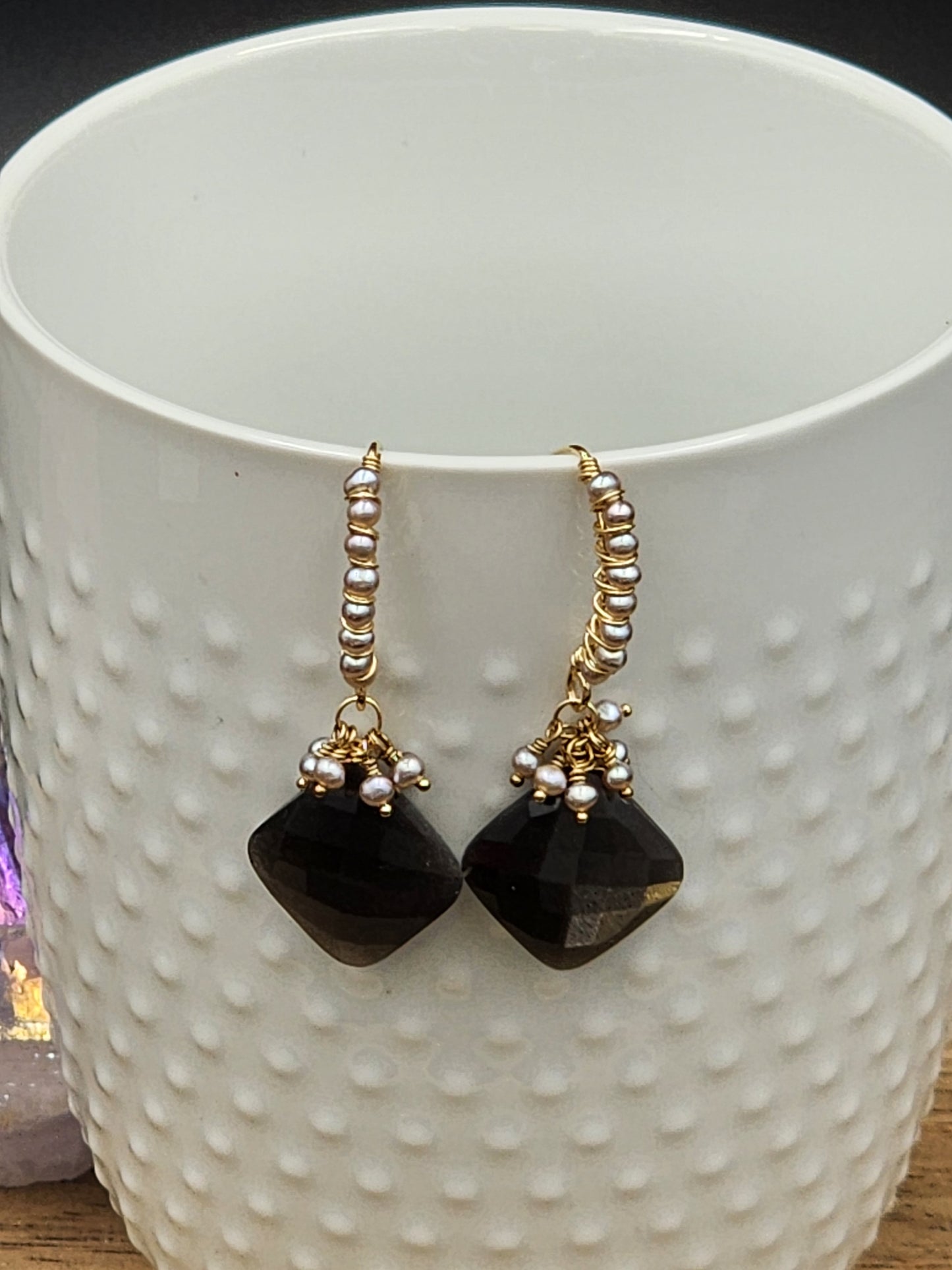 14k Gold-Fillef Black Moonstone & Grey Pearl Earrings