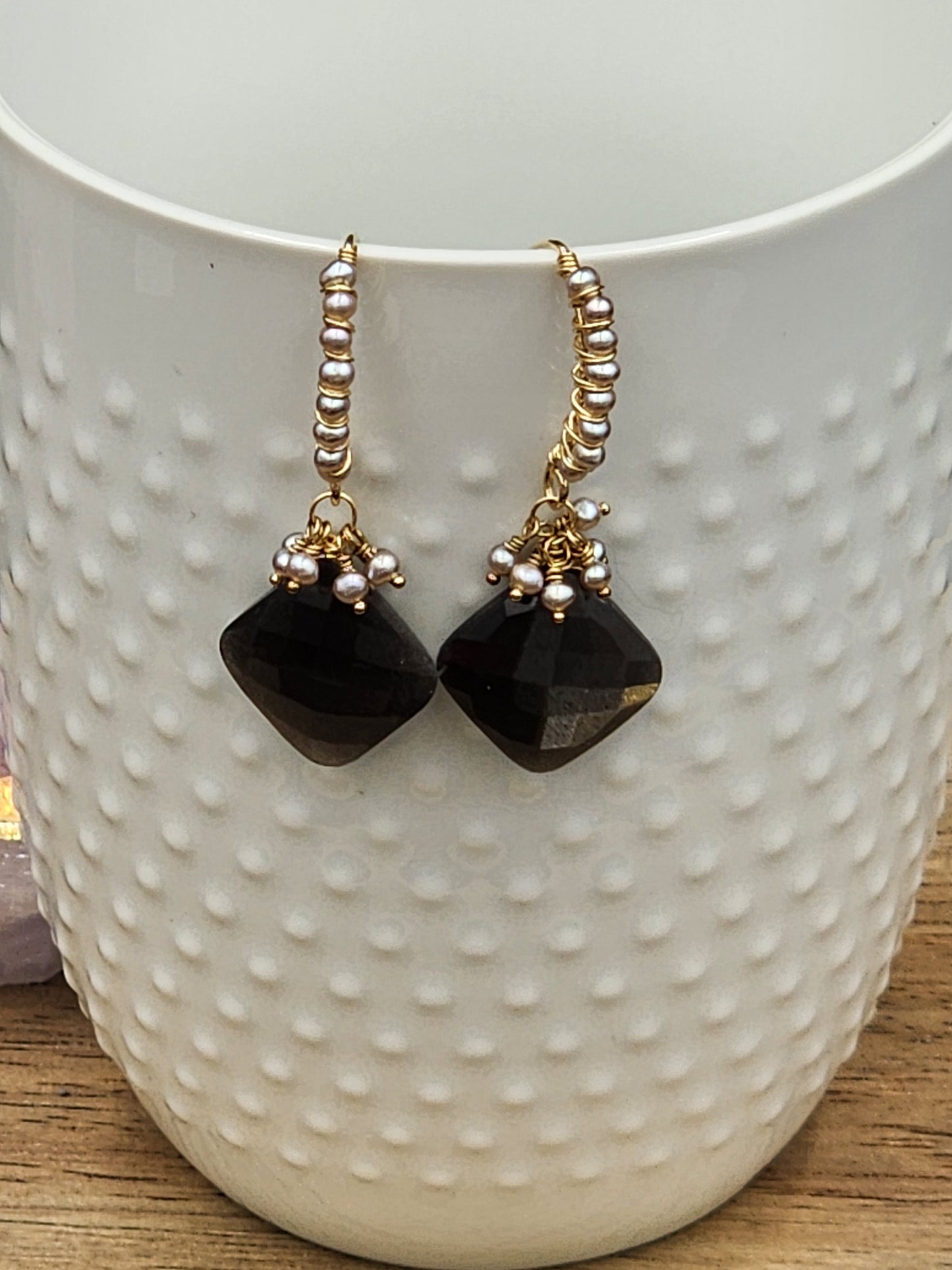14k Gold-Fillef Black Moonstone & Grey Pearl Earrings