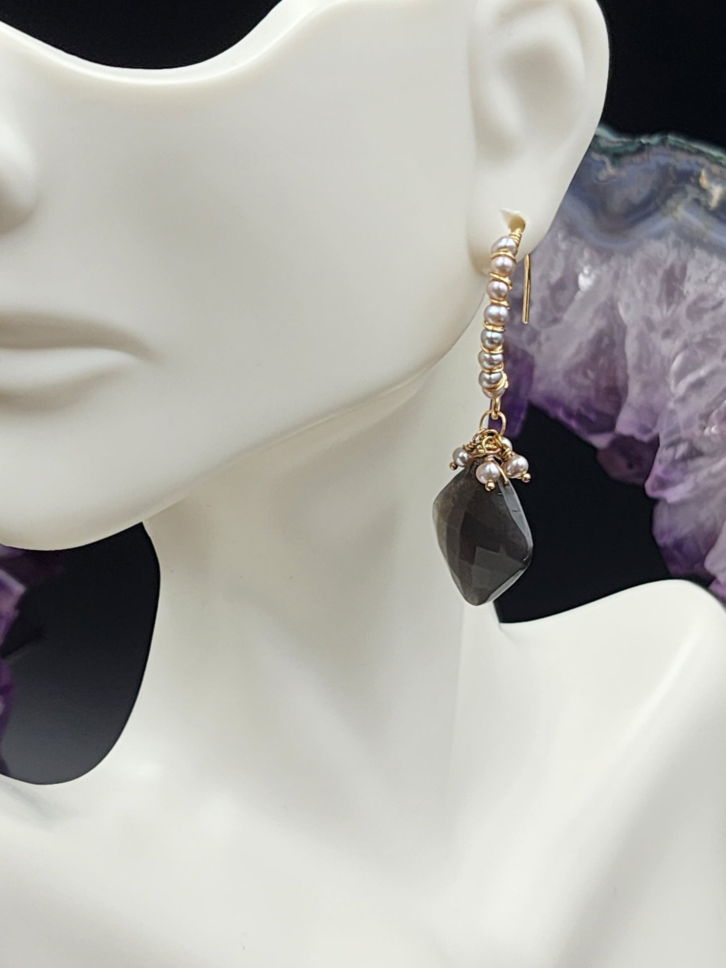 14k Gold-Fillef Black Moonstone & Grey Pearl Earrings