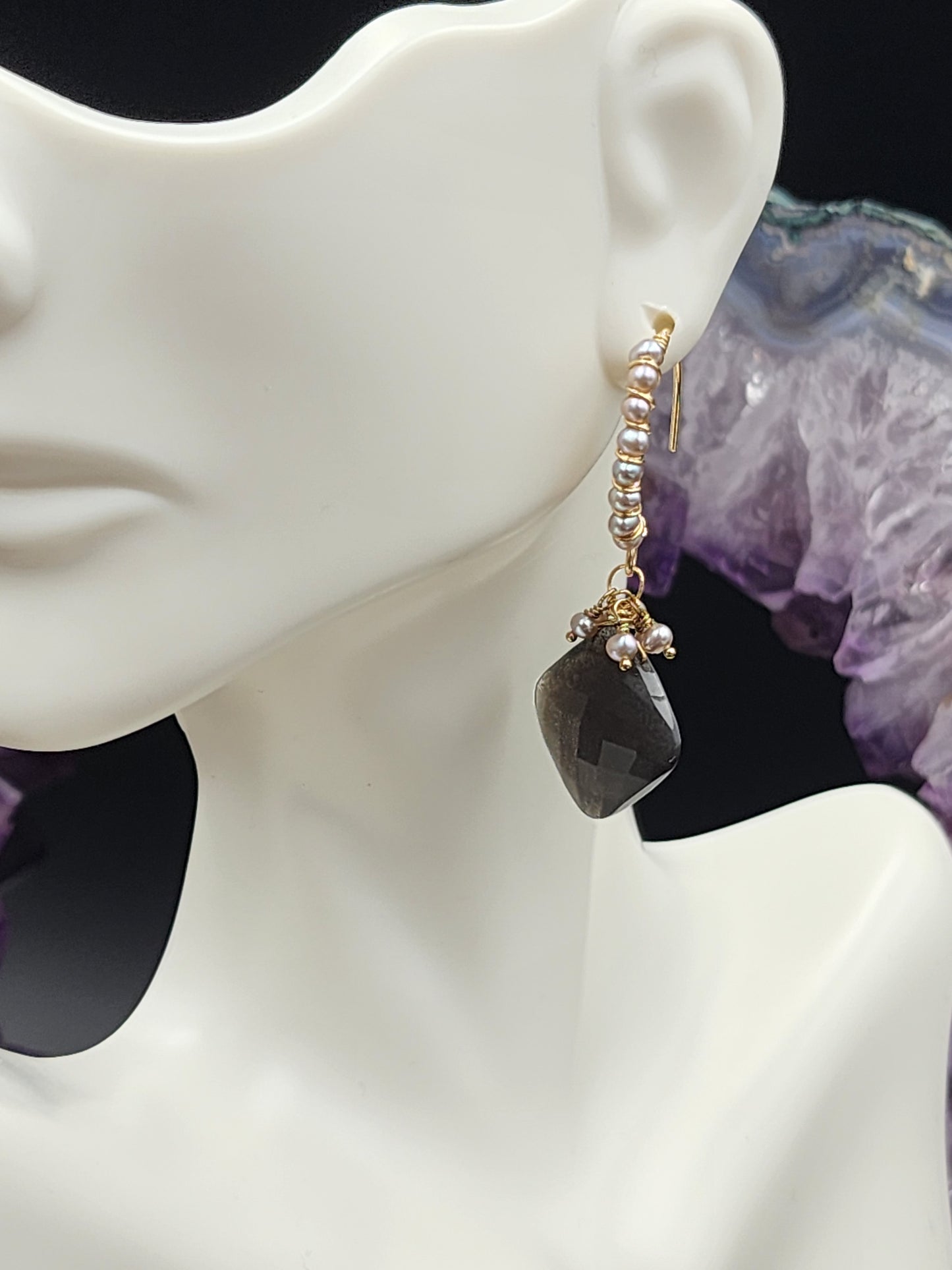 14k Gold-Fillef Black Moonstone & Grey Pearl Earrings