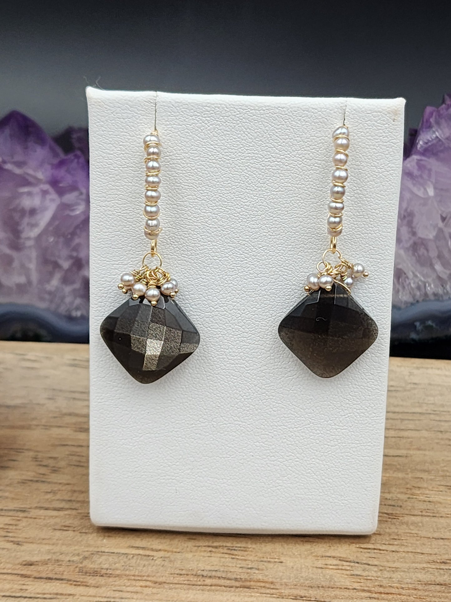 14k Gold-Fillef Black Moonstone & Grey Pearl Earrings
