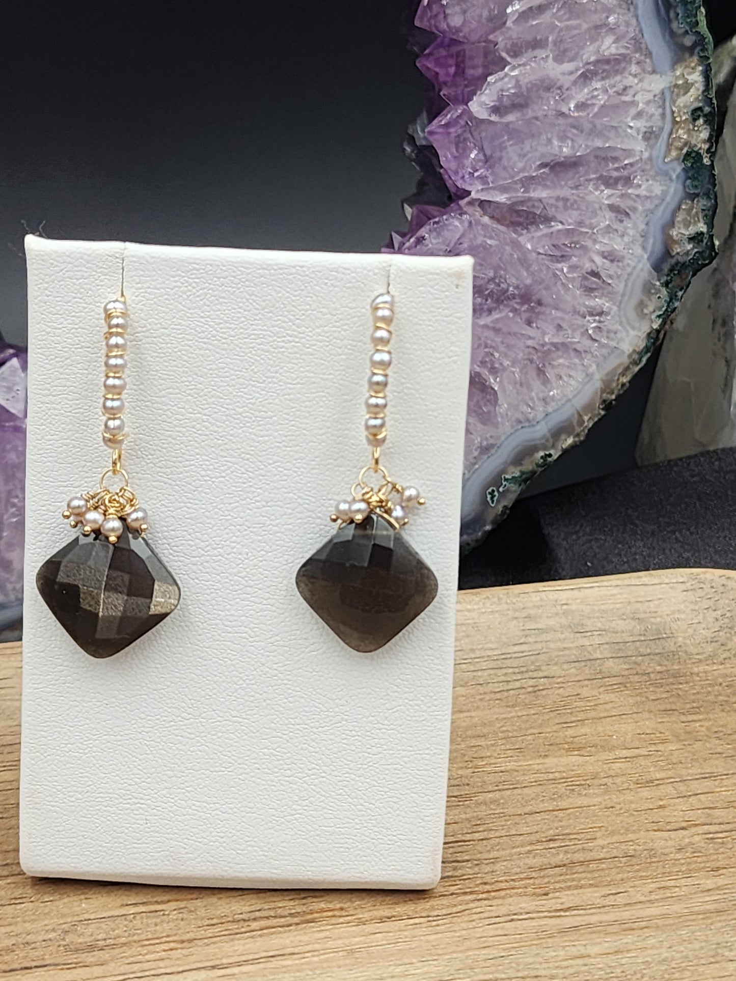 14k Gold-Fillef Black Moonstone & Grey Pearl Earrings
