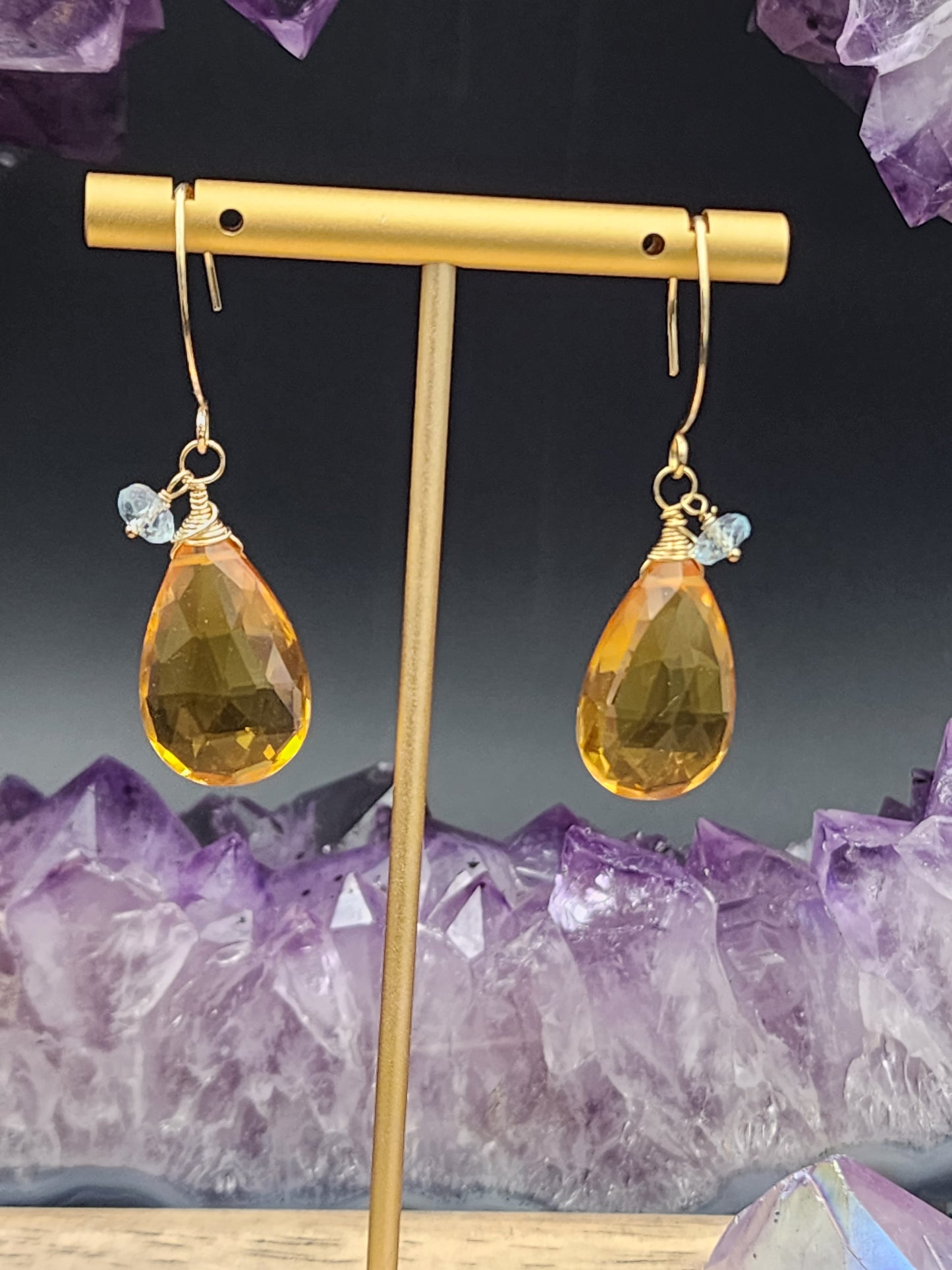 14k Gold-Filled Hydro Citrine Quartz and Blue Topaz Gemstone Earrings