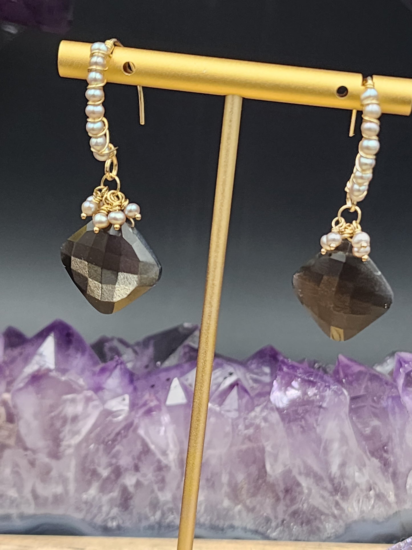 14k Gold-Fillef Black Moonstone & Grey Pearl Earrings