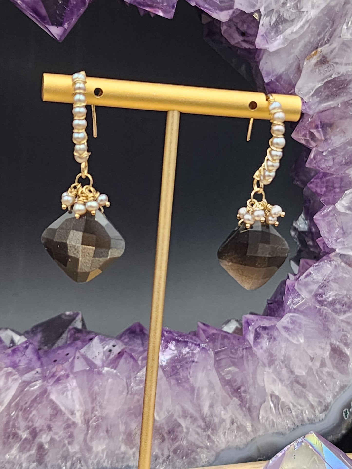 14k Gold-Fillef Black Moonstone & Grey Pearl Earrings