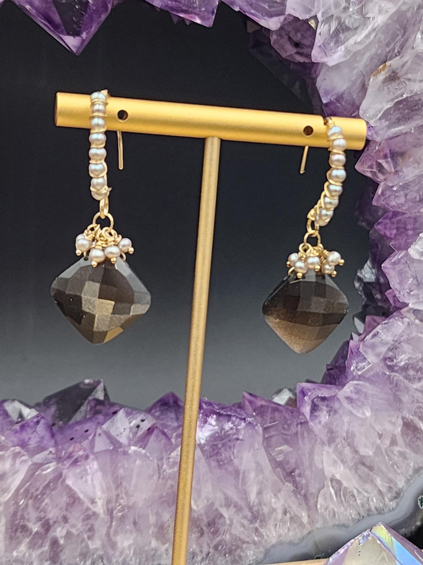 14k Gold-Fillef Black Moonstone & Grey Pearl Earrings
