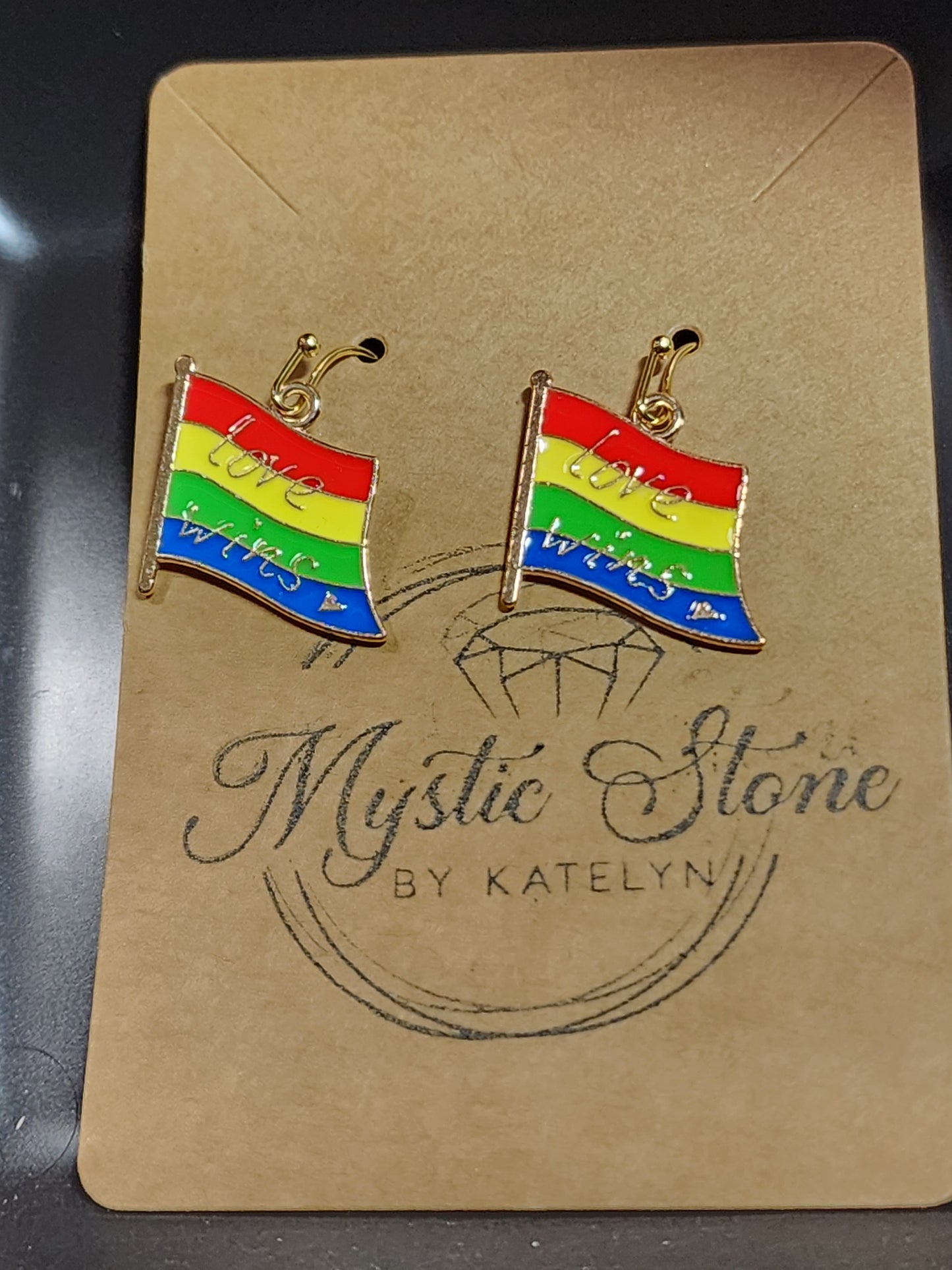 Gold plated "Love Wins" Pride Flag Charm Style Earrings