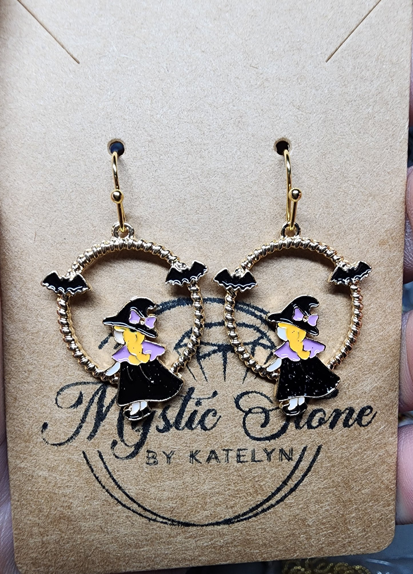 Gold Plated Witch Enamel Charm Style Earrings