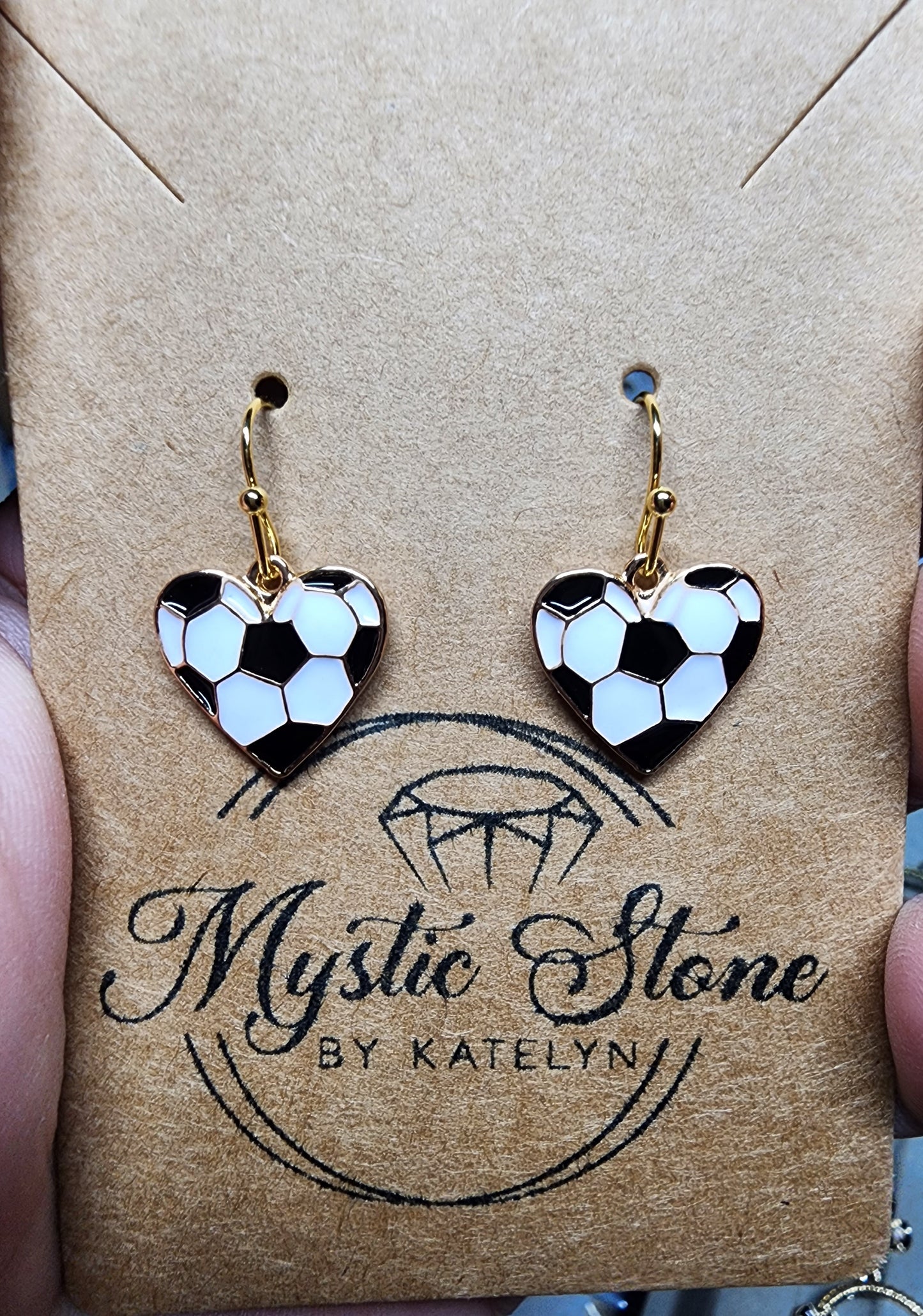 Gold plated heart shaped soccer ball enamel charm style earrings