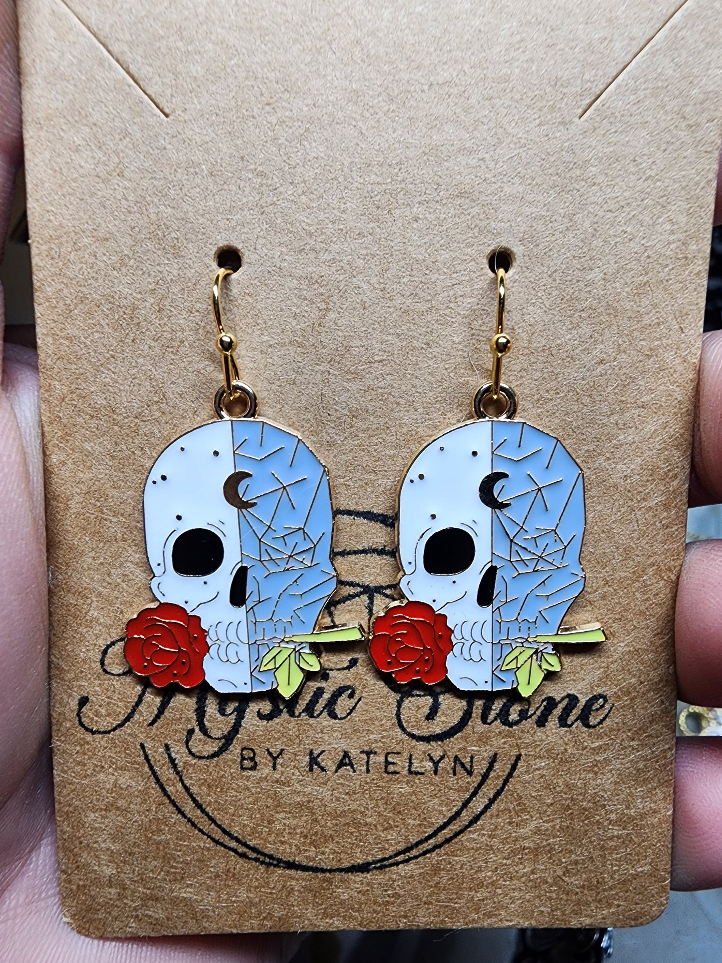 Gold plated skull & Rose charm style earrings