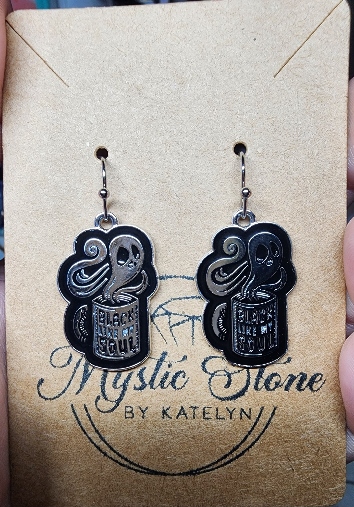 Spooky silver plated ghosts like their coffee black like their souls! Hypoallergenic Charm style earrings