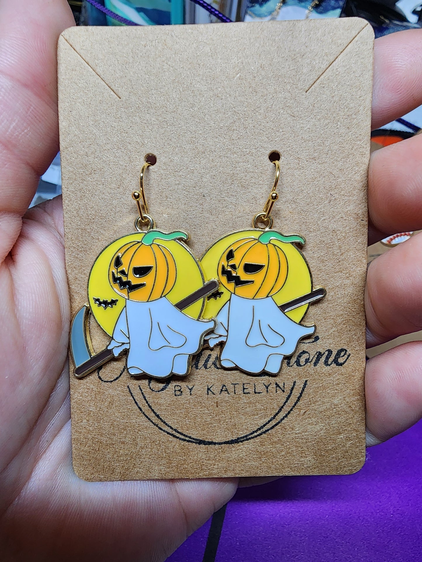 Gold plated pumpkin head ghost reaper charm style earrings