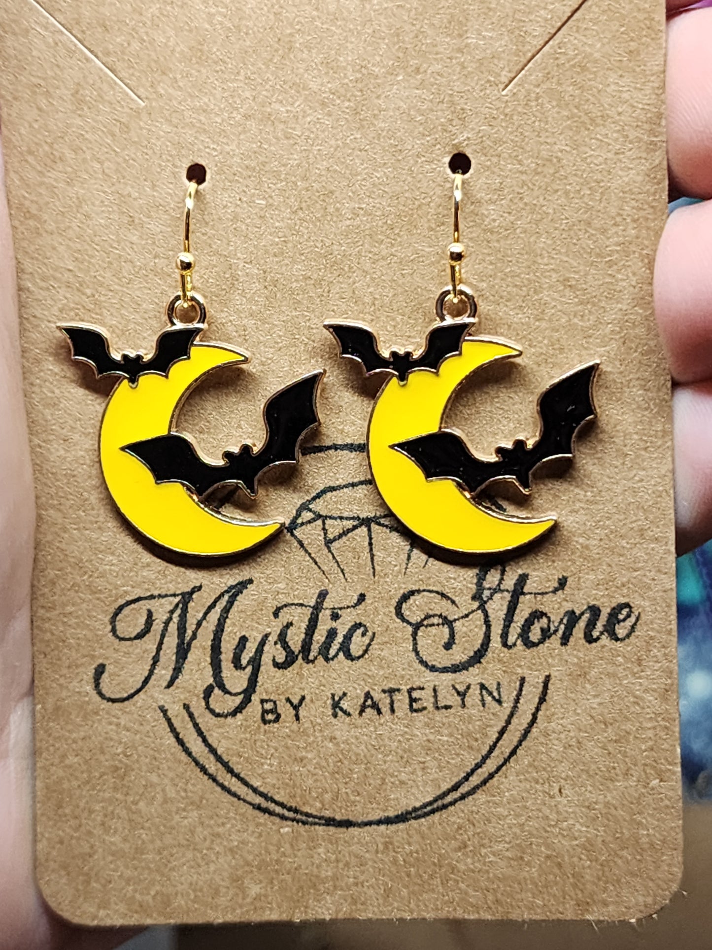 Gold plated Crescent Moon 🌙 with bats Cham style earrings  | fun Halloween earrings, gold plated enamel hypoallergenic nickel free, cute earrings