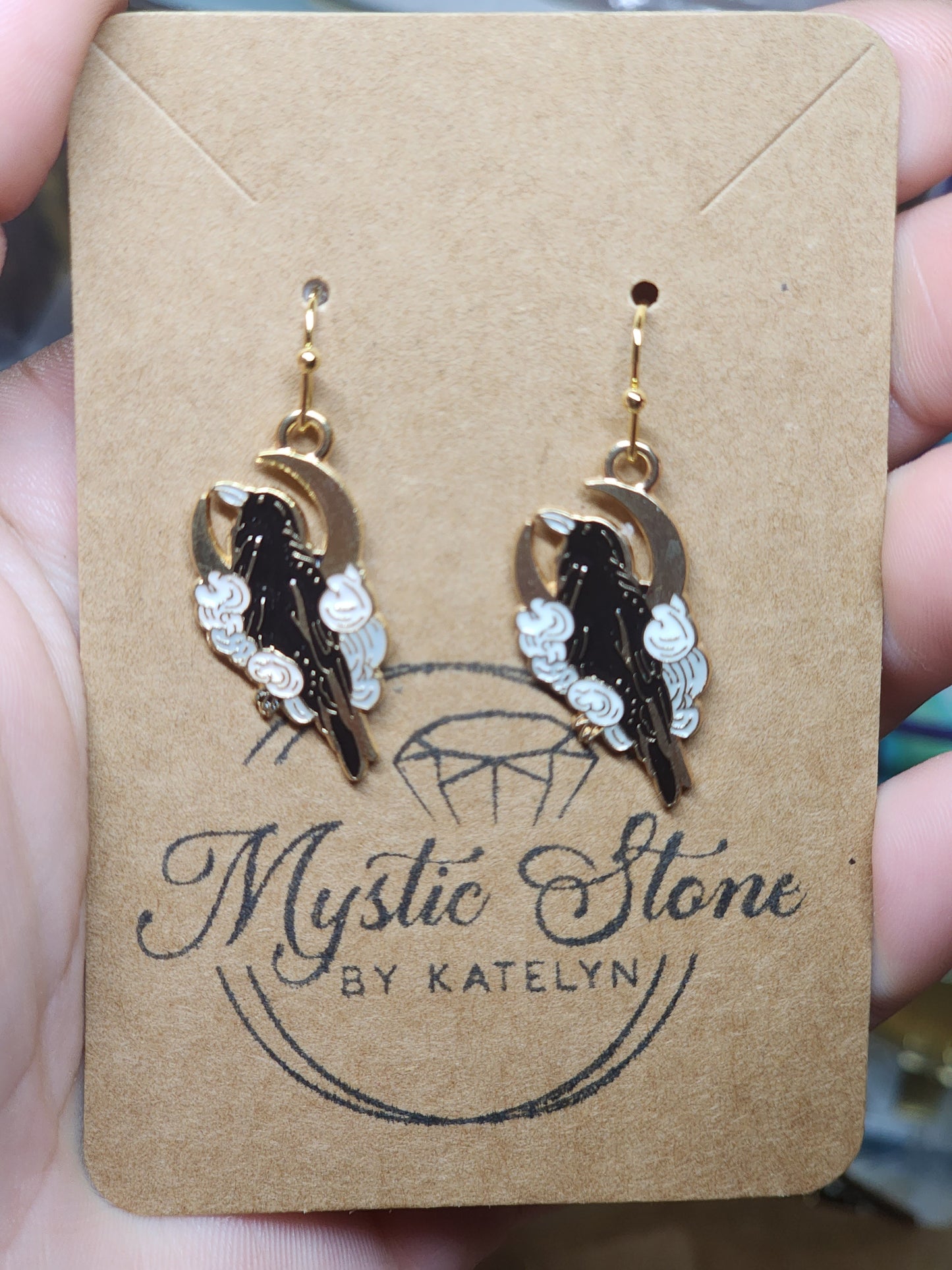 Gold plated crow & moon charm style earrings  | fun Halloween earrings, gold plated enamel hypoallergenic nickel free, cute earrings