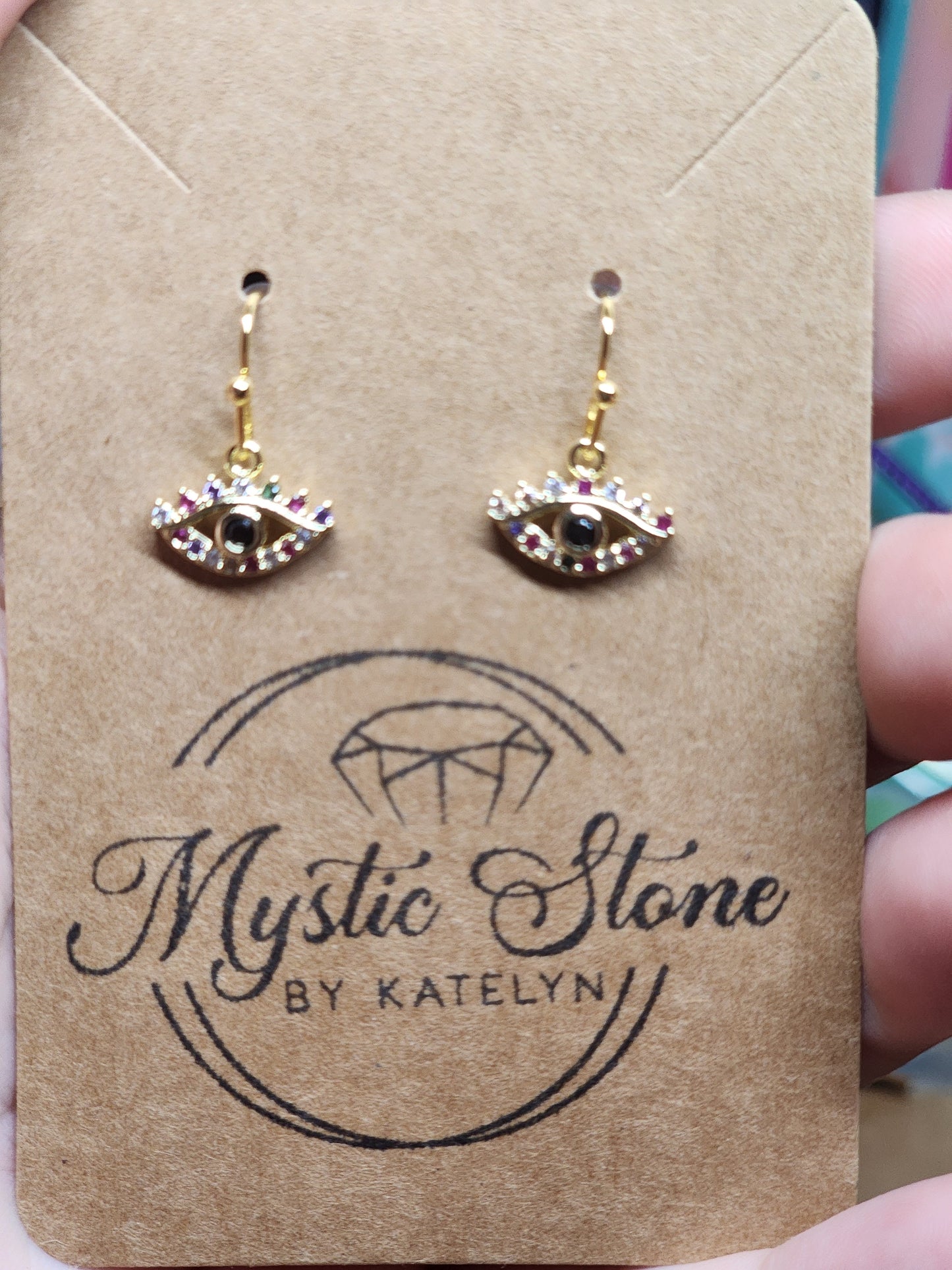 Gold plated cz rhinestone evil eye charm style earrings | gold plated, cz, hypoallergenic nickel free, cute earrings