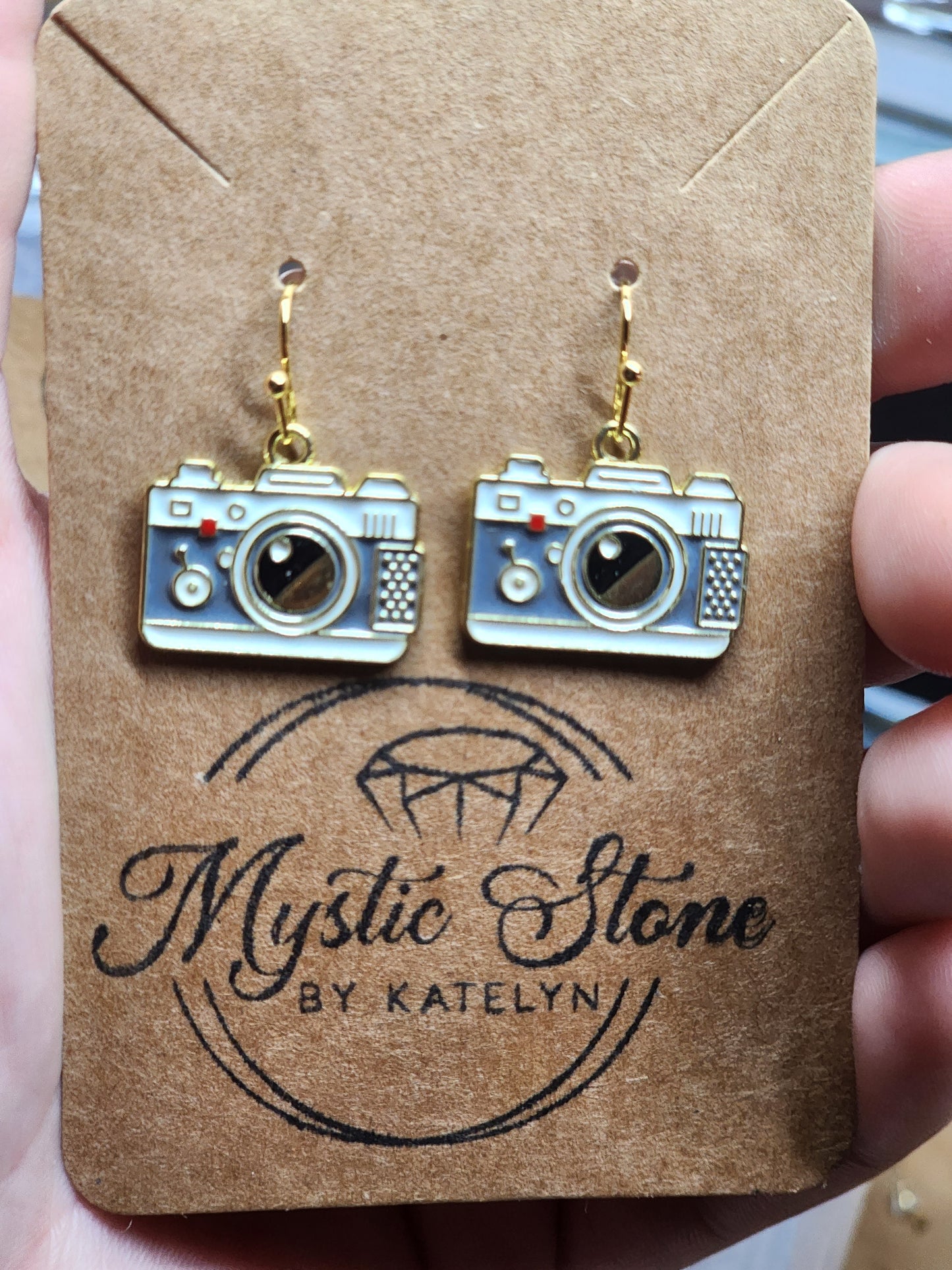 Gold plated camera 📷 charm style earrings | fun cartoon earrings, gold plated enamel hypoallergenic nickel free, cute earrings