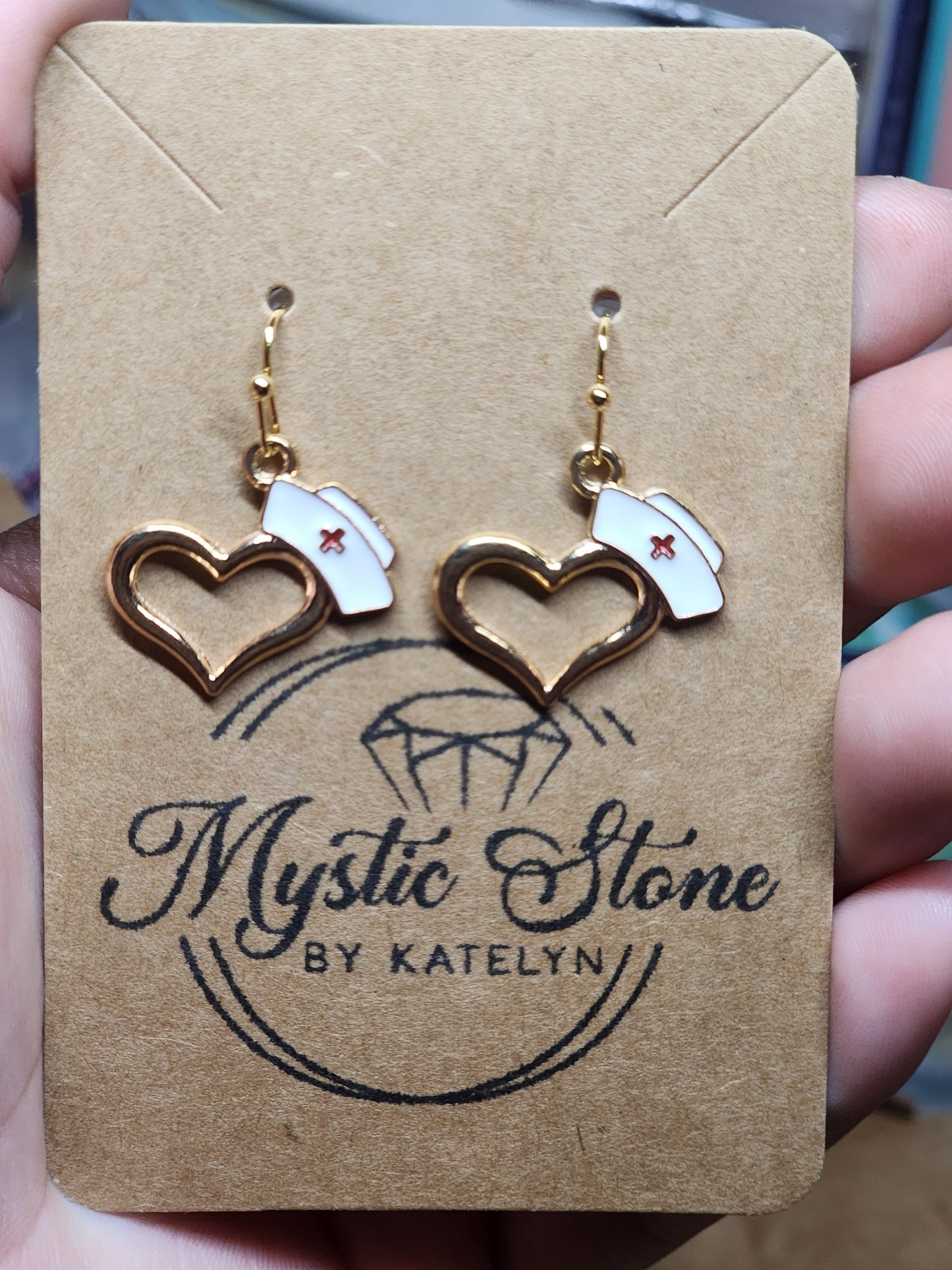 Gold plated nursing cap heart charm style earrings | fun RN, nursing earrings, gold plated enamel hypoallergenic nickel free, cute earrings