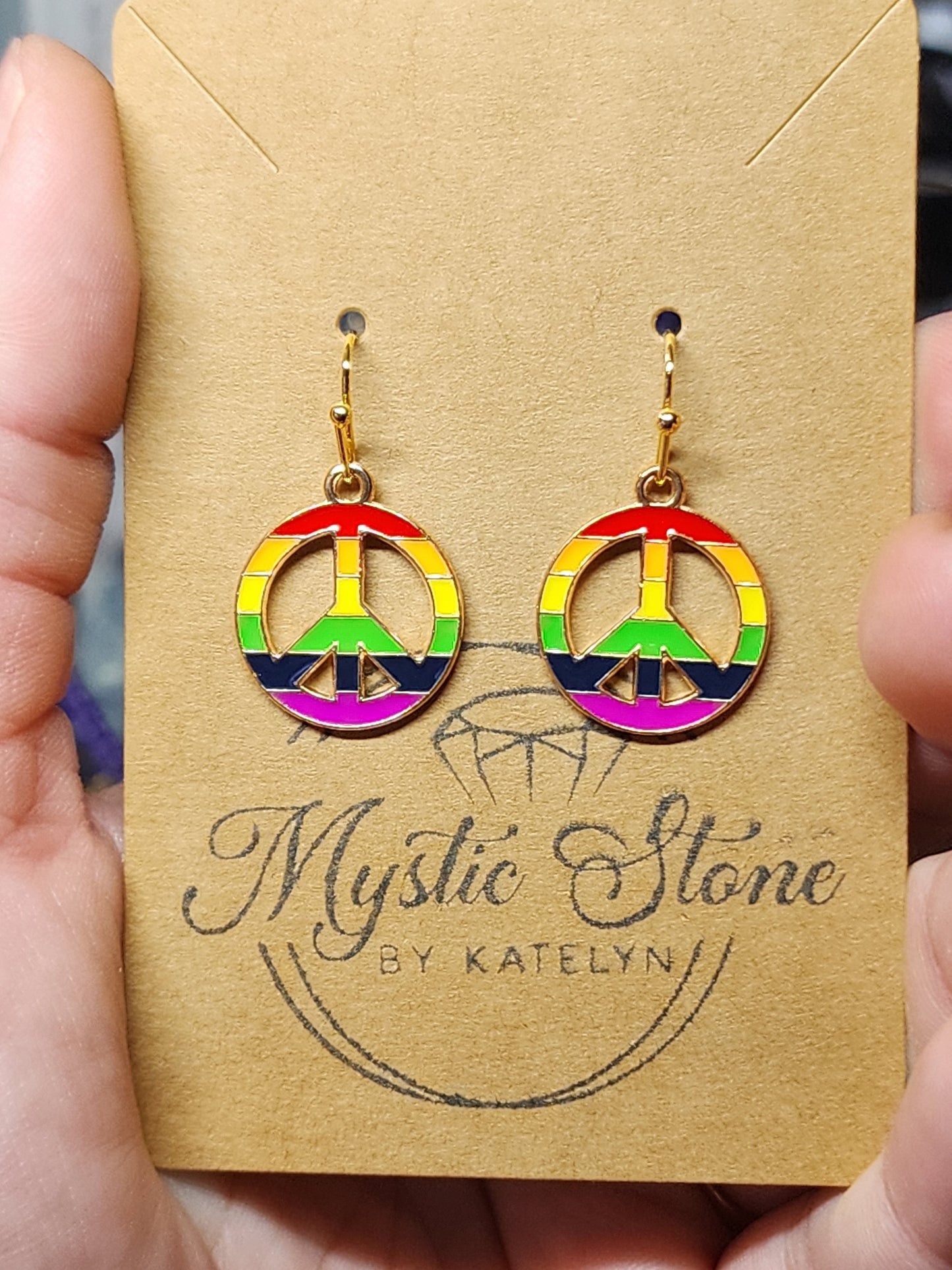 Gold plated Rainbow Peace Sign Charm style Earrings | fun pride earrings, gold plated enamel hypoallergenic nickel free, cute earrings
