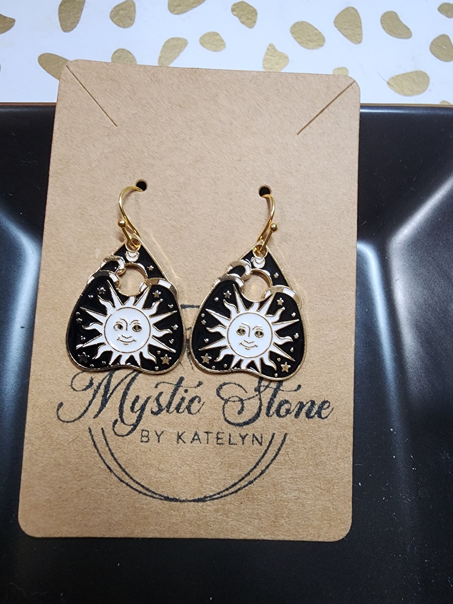 Gold or silver plated sun ouiji board charm style earrings | fun Halloween earrings, enamel hypoallergenic nickel free