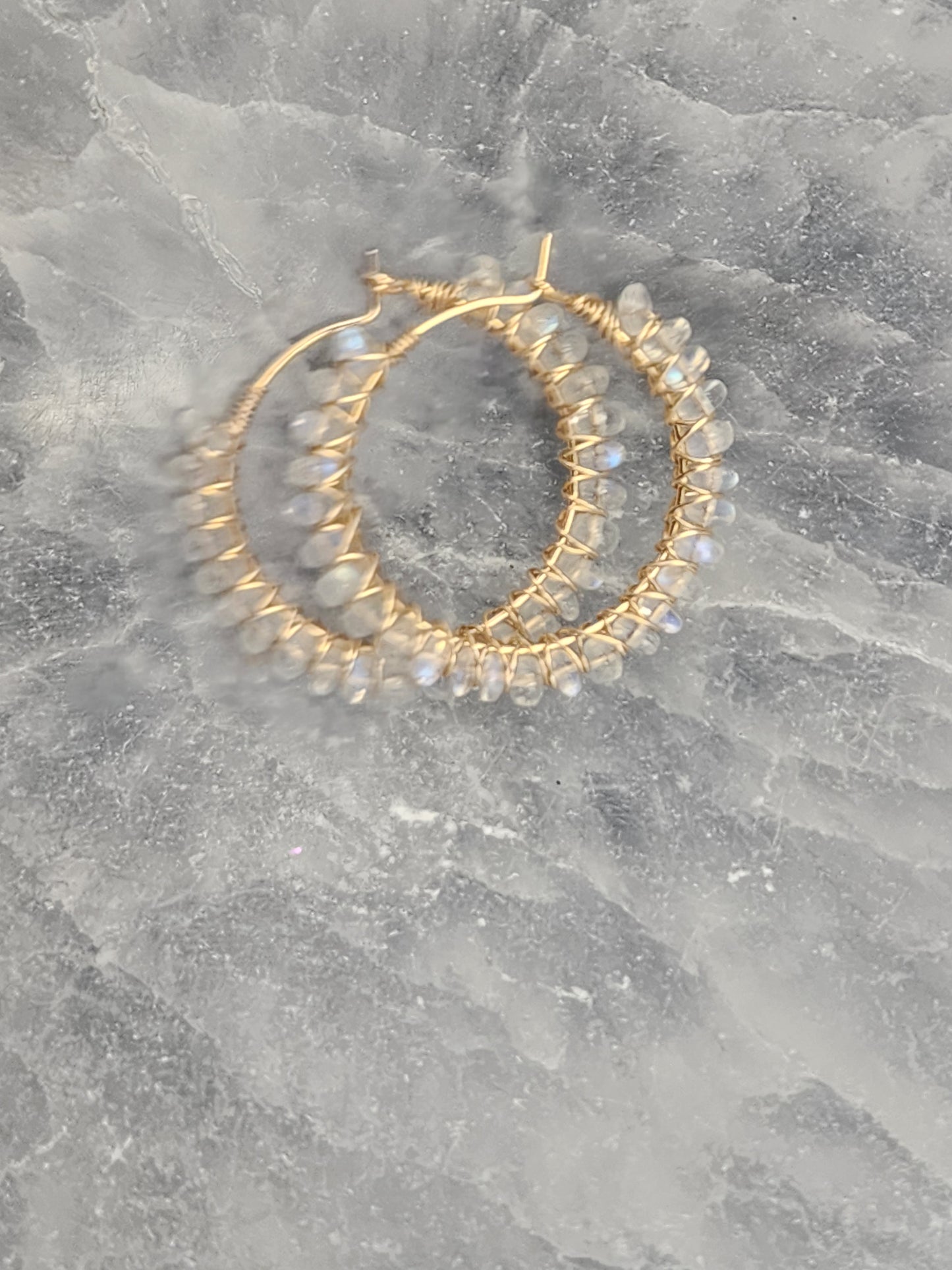 14k Gold-Filled Clear Rainbow Moonstone Gemstone Hoop Earrings, two sizes 30mm or 40mm