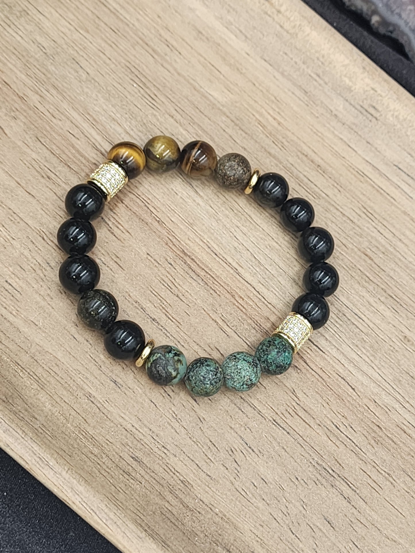 gold sheen obsidian, matte african turquoise, and tiger eye gemstone bracelet