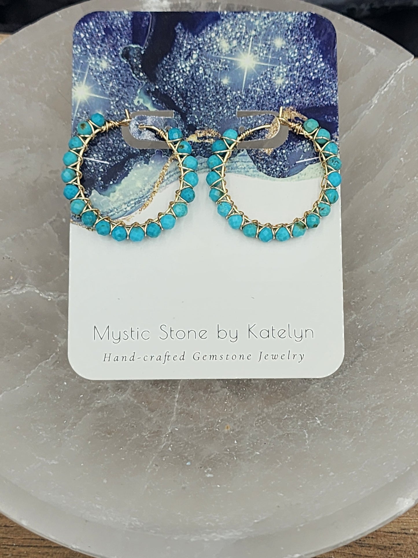 14k Gold-Filled Arizona Turquoise Gemstone Hoop Earrings, 3 Sizes available 30mm, 40mm or 50mm