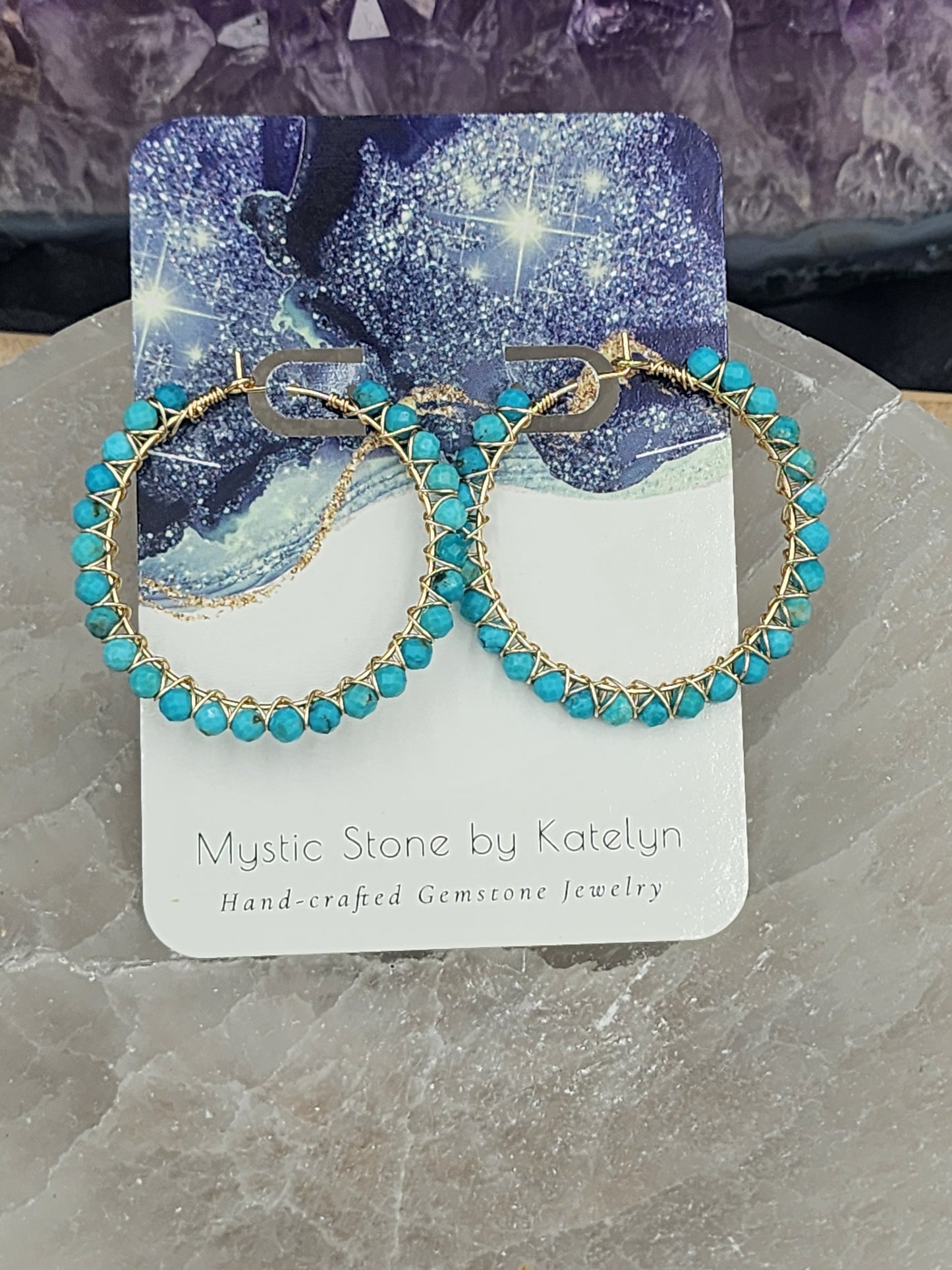 14k Gold-Filled Arizona Turquoise Gemstone Hoop Earrings, 3 Sizes available 30mm, 40mm or 50mm