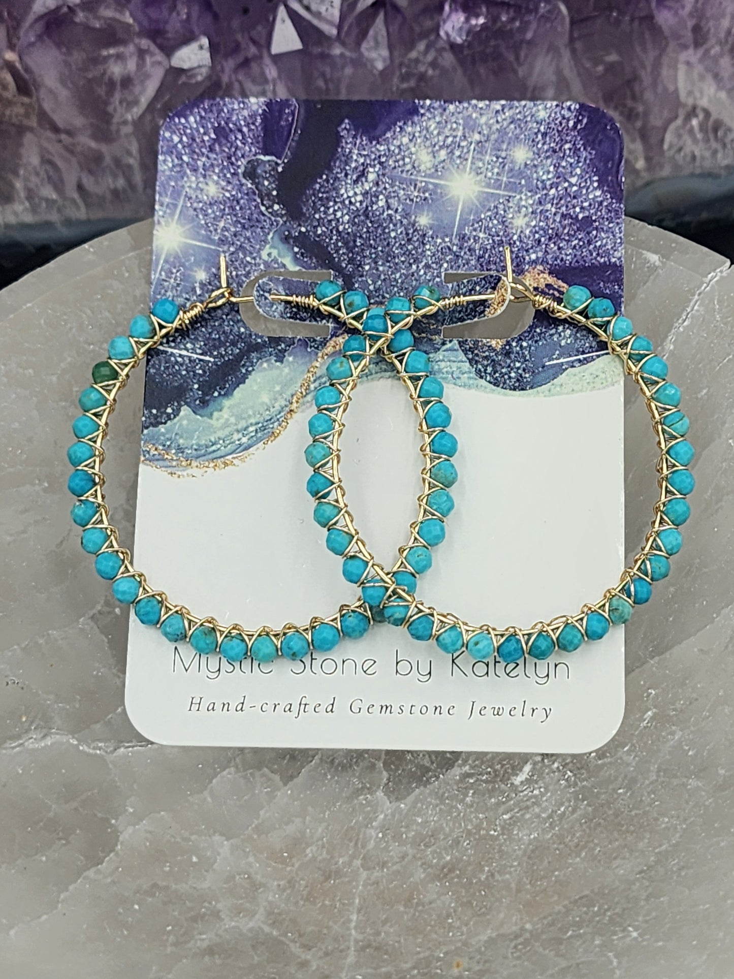 14k Gold-Filled Arizona Turquoise Gemstone Hoop Earrings, 3 Sizes available 30mm, 40mm or 50mm