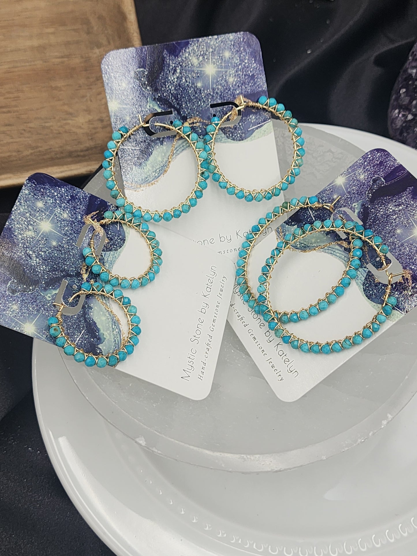 14k Gold-Filled Arizona Turquoise Gemstone Hoop Earrings, 3 Sizes available 30mm, 40mm or 50mm