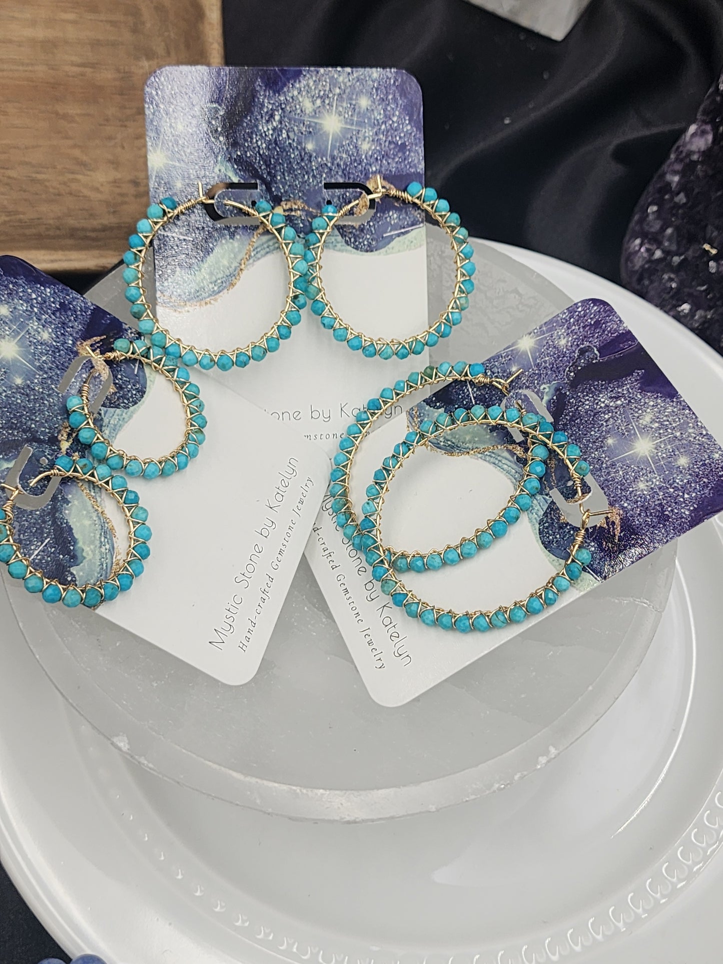 14k Gold-Filled Arizona Turquoise Gemstone Hoop Earrings, 3 Sizes available 30mm, 40mm or 50mm