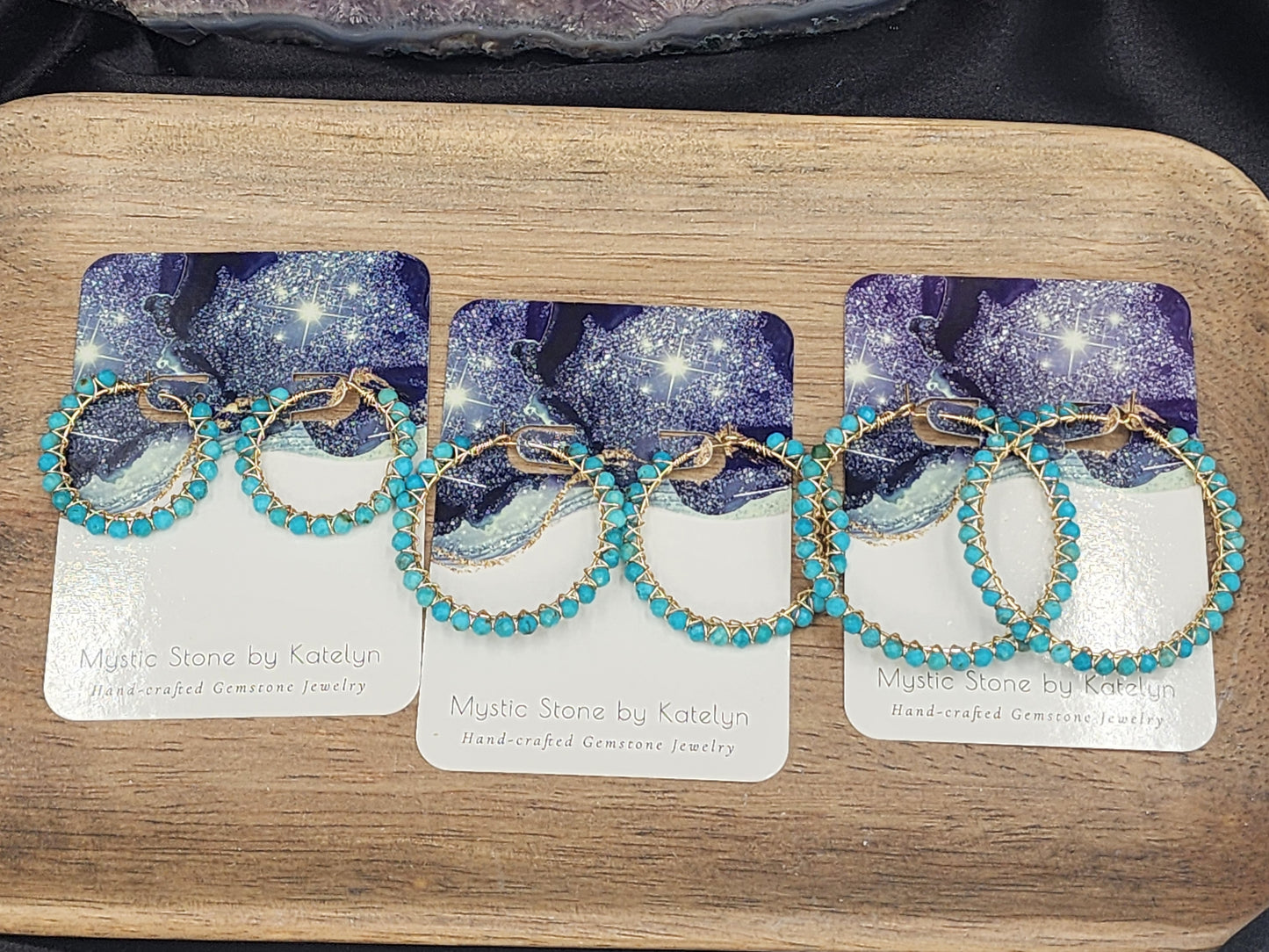14k Gold-Filled Arizona Turquoise Gemstone Hoop Earrings, 3 Sizes available 30mm, 40mm or 50mm