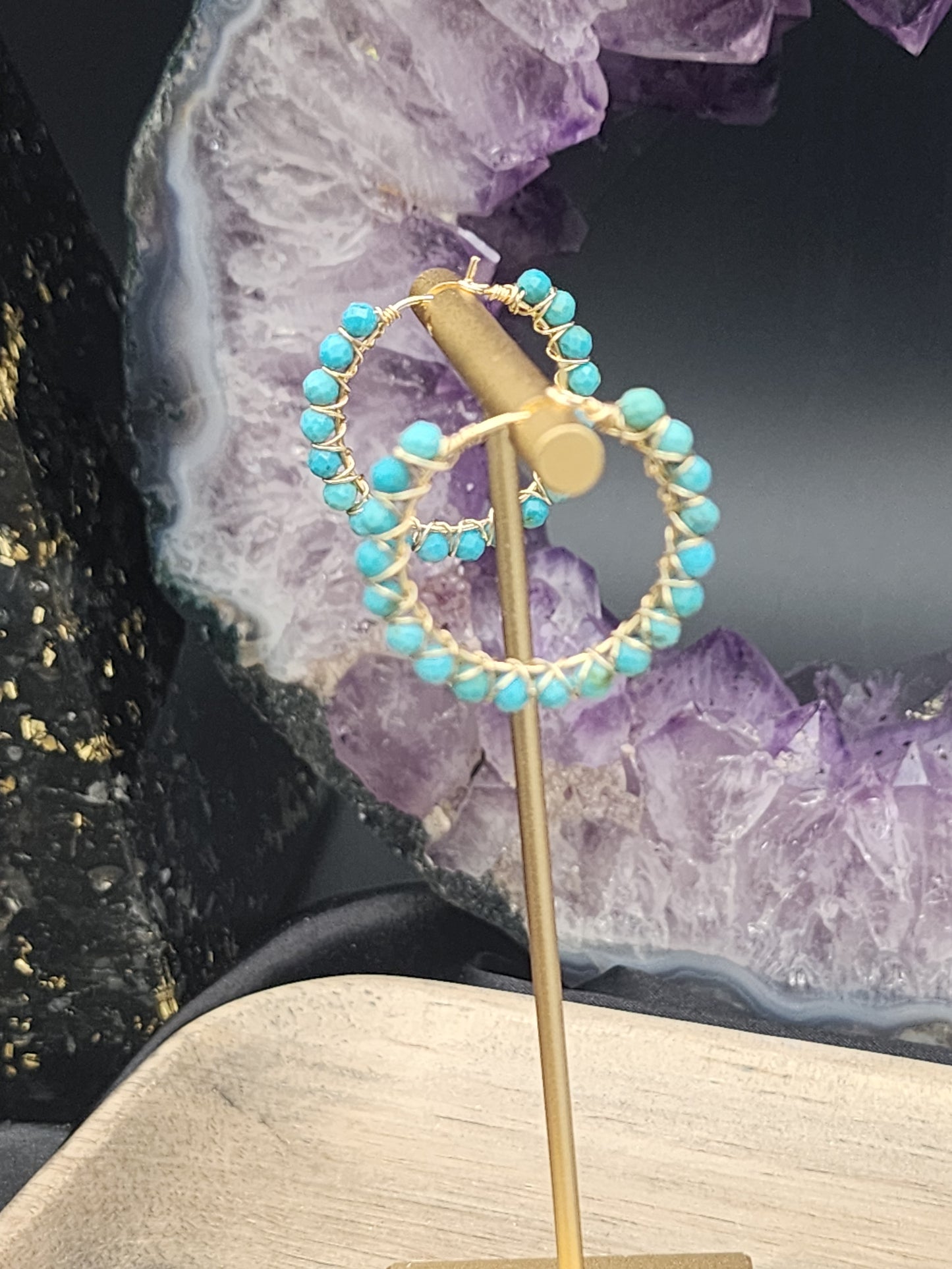 14k Gold-Filled Arizona Turquoise Gemstone Hoop Earrings, 3 Sizes available 30mm, 40mm or 50mm