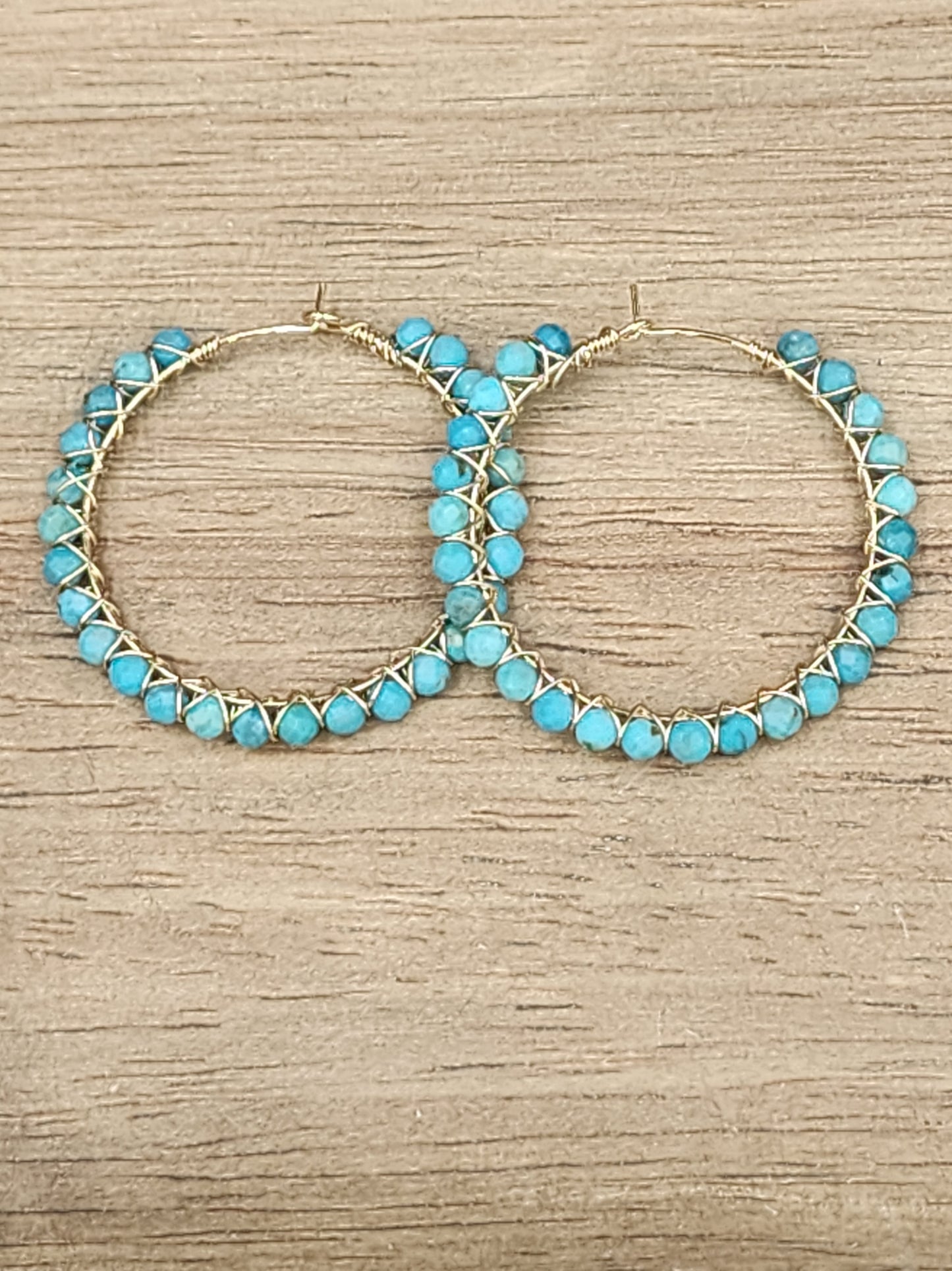 14k Gold-Filled Arizona Turquoise Gemstone Hoop Earrings, 3 Sizes available 30mm, 40mm or 50mm