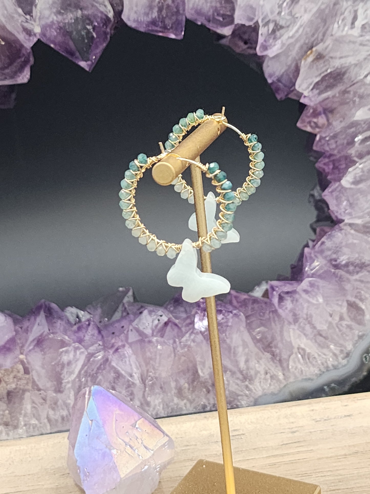 14k Gold-Filled Aquamarine Butterfly & Shaded Grandidierite Gemstone Hoop Earrings