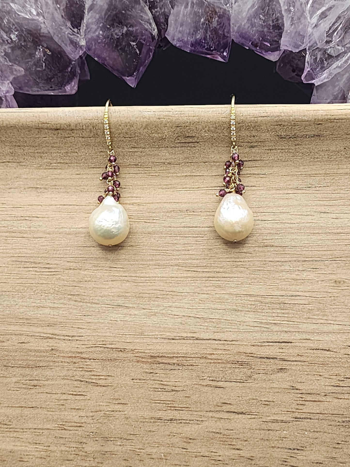 Luxe Flameball Pearl & Rhodonite Garnet Gemstone Earrings with 24k Gold Vermeil French Earwires with Pave Cubic Zirconia