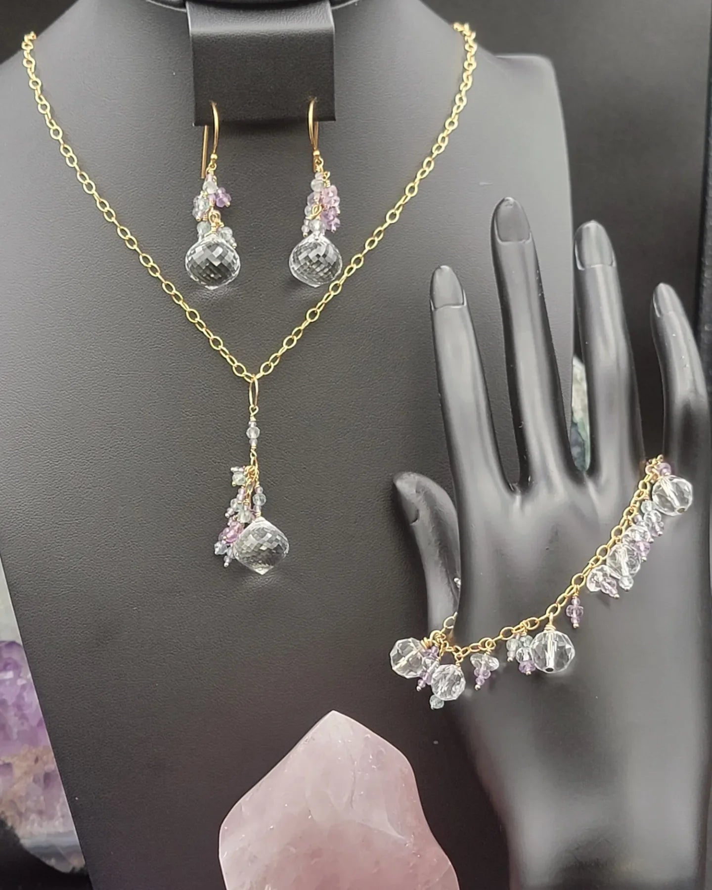 14k Gold-Filled Clear quartz, Lavender Amethyst and Apatite Necklace