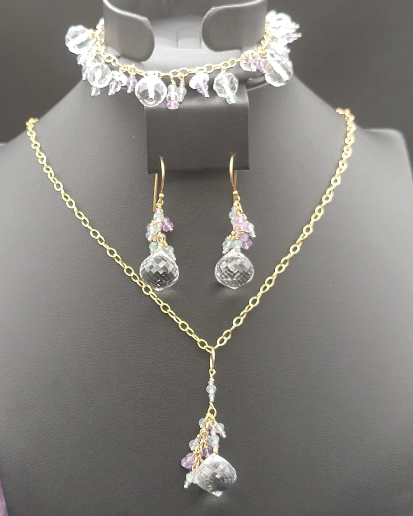 14k Gold-Filled Clear quartz, Lavender Amethyst and Apatite Necklace