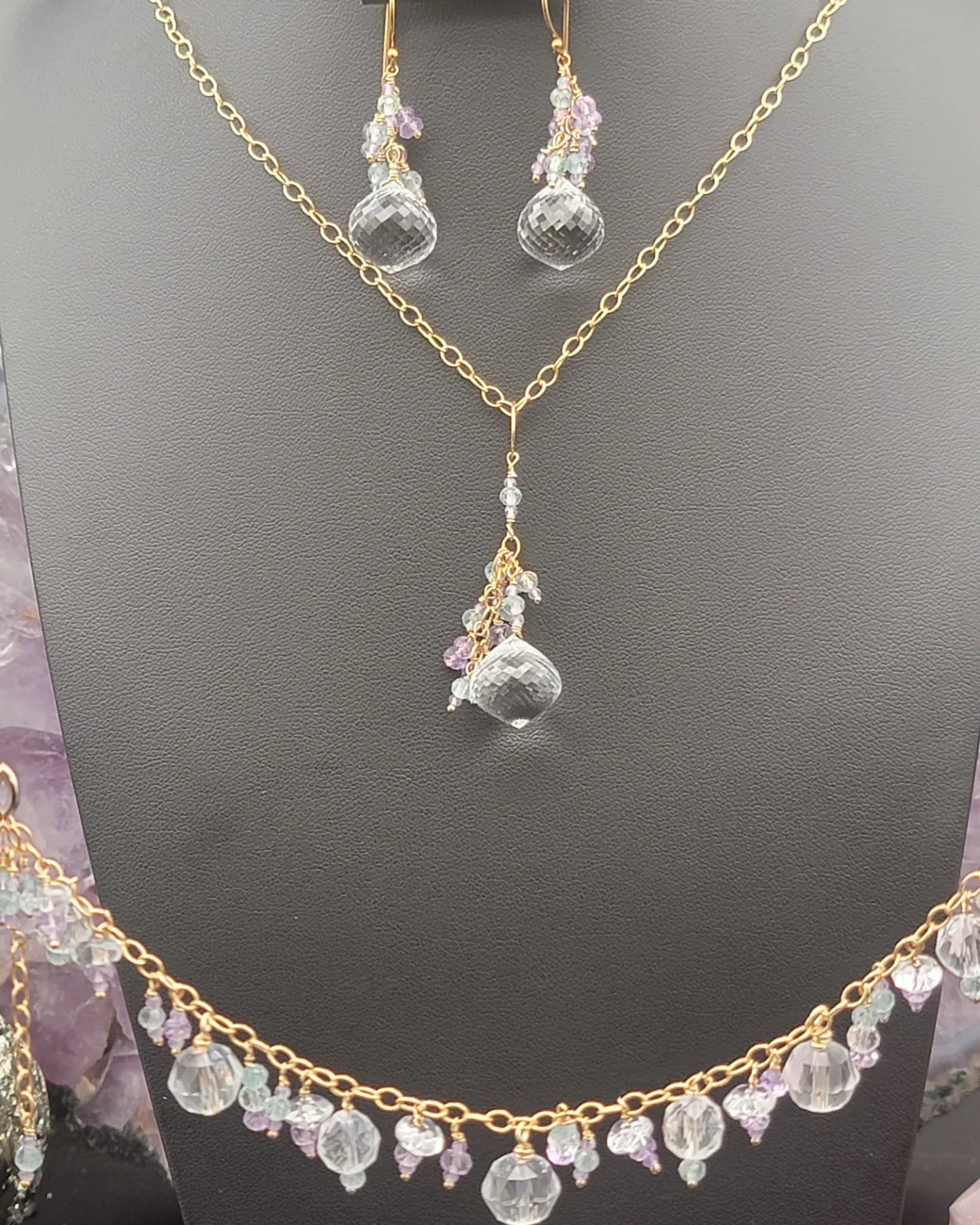 14k Gold-Filled Clear quartz, Lavender Amethyst and Apatite Necklace