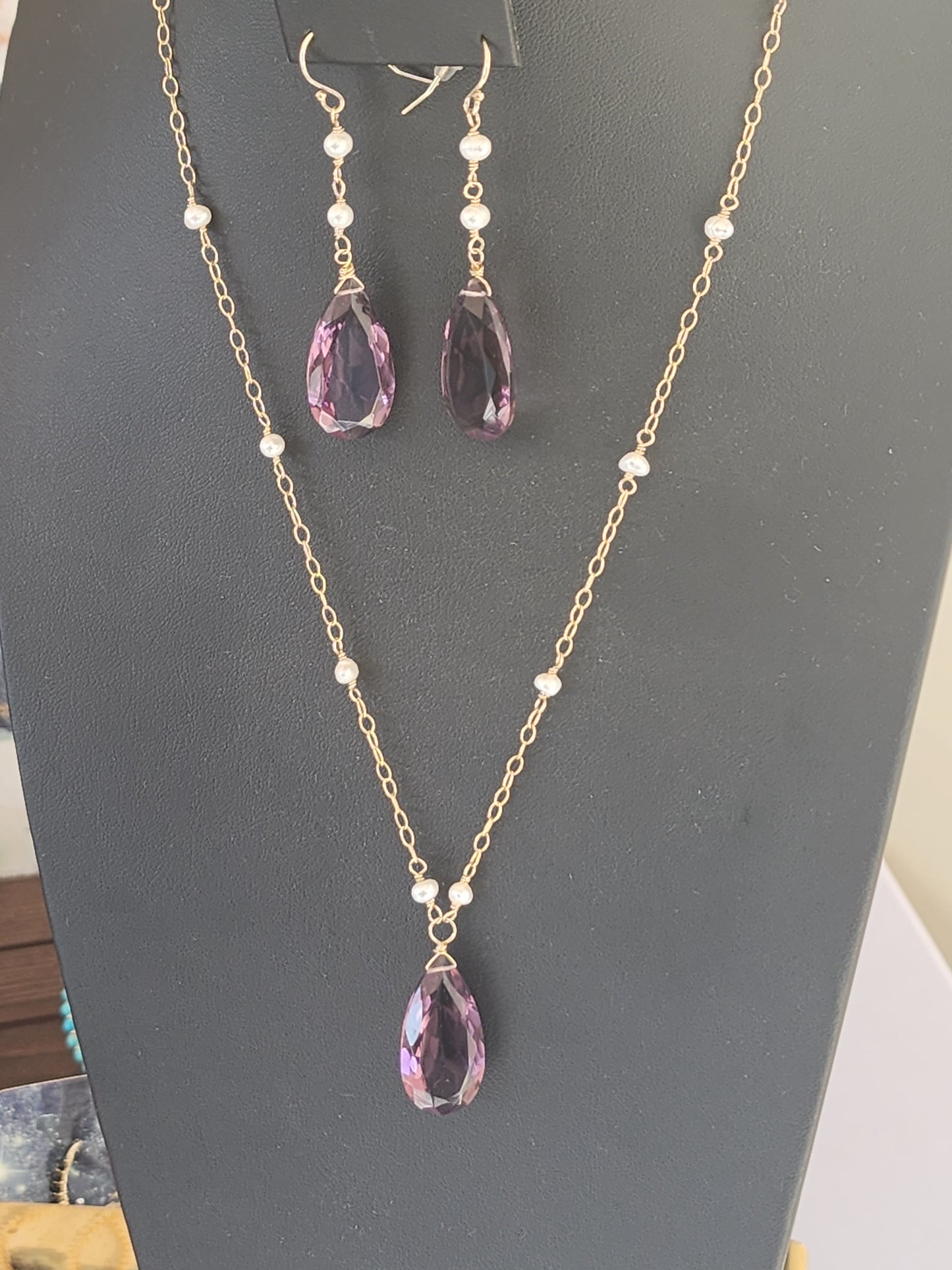14k Gold-Filled Kunzite Quartz & Pearl Gemstone Necklace