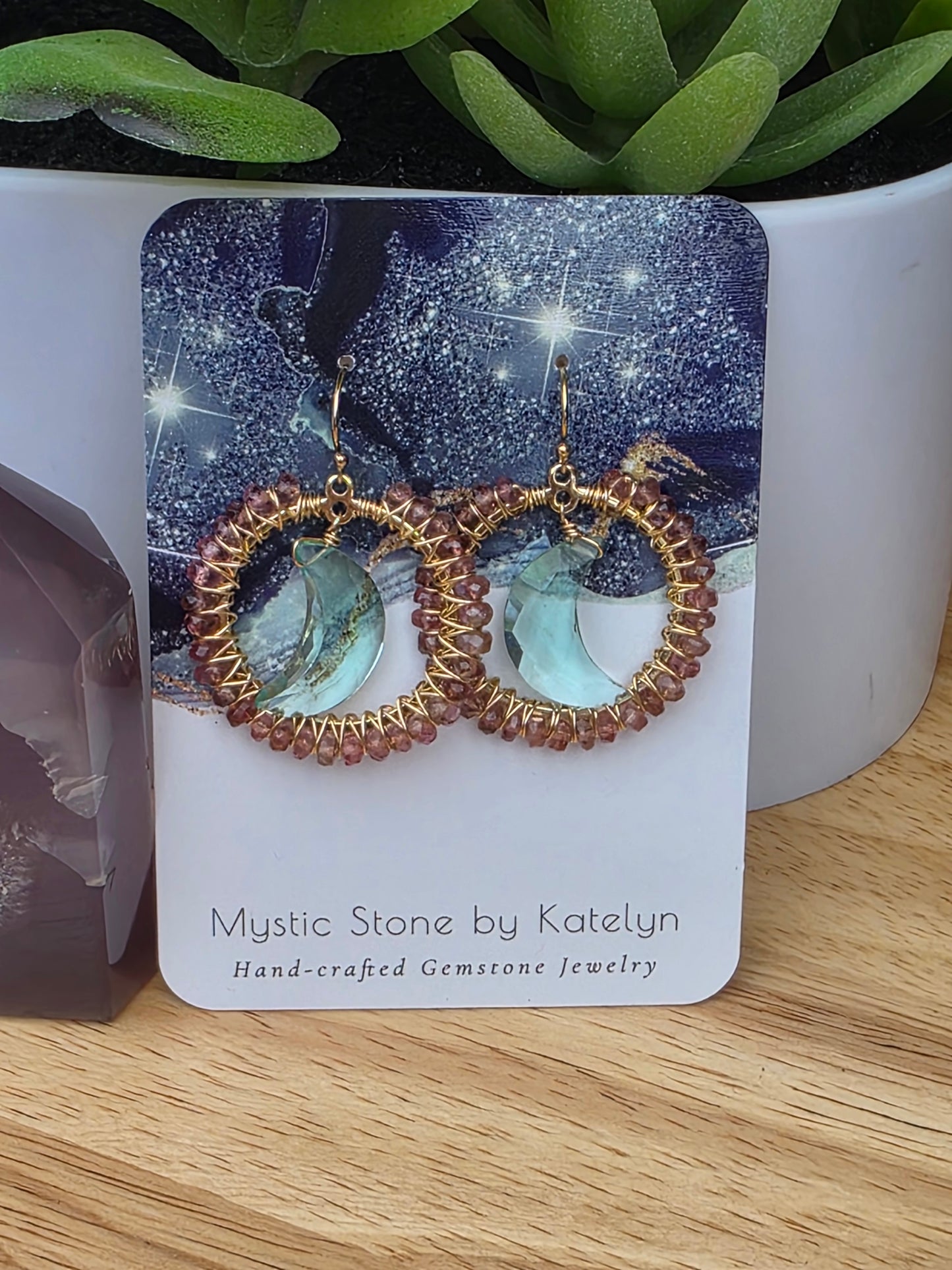 14k Gold-Filled Pink Tourmaline & Aqua quartz moon earrings