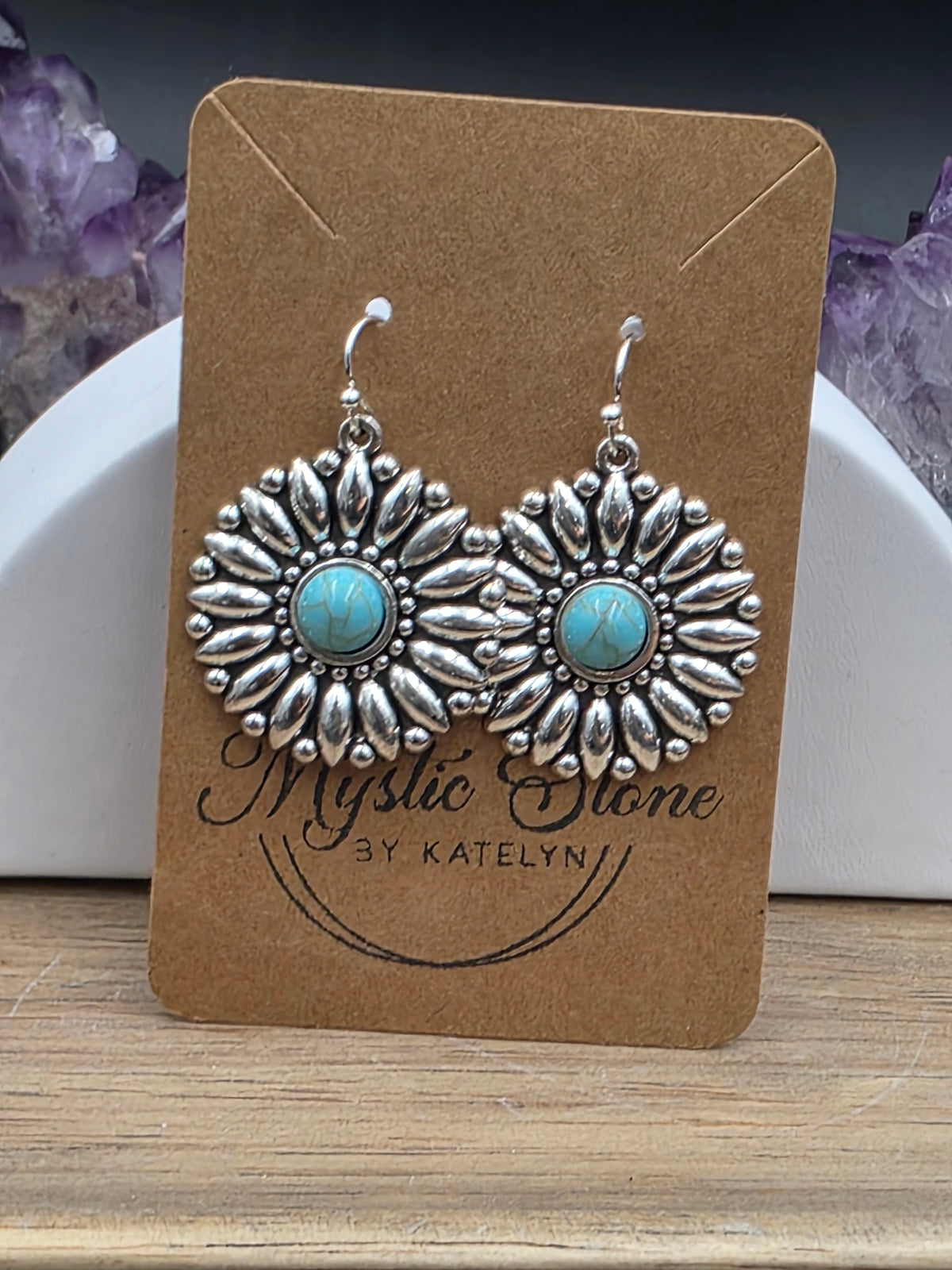 Antique Silver with Turquoise Howlite Sunflower Earrings